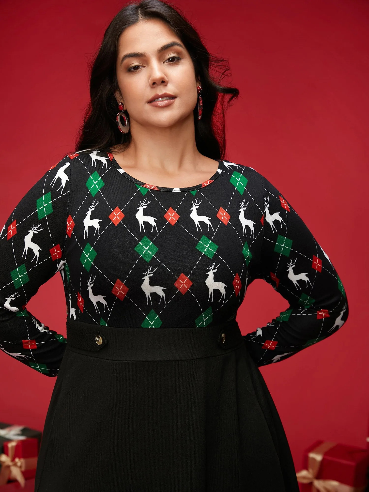 Reindeer Printed Fit-and-Flare Midi Dress sold by Bloomchic product image thumbnail 2