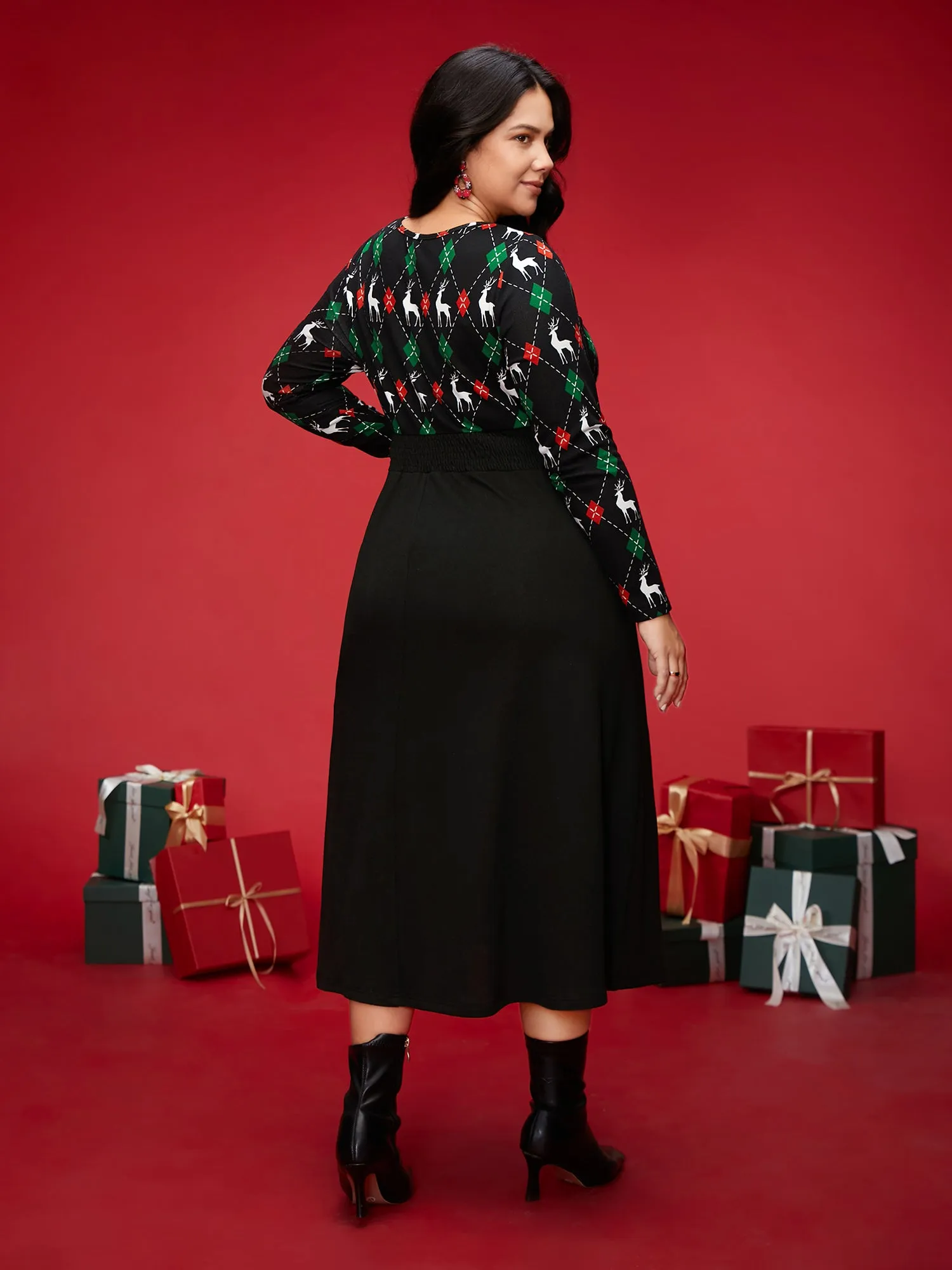 Reindeer Printed Fit-and-Flare Midi Dress sold by Bloomchic product image thumbnail 4