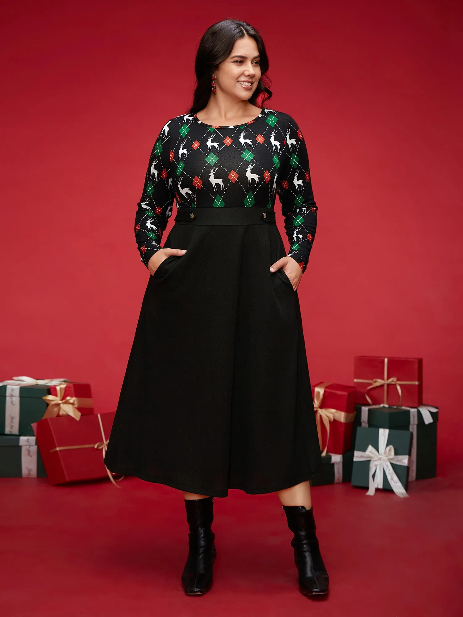 Reindeer Printed Fit-and-Flare Midi Dress sold by Bloomchic product image thumbnail 3