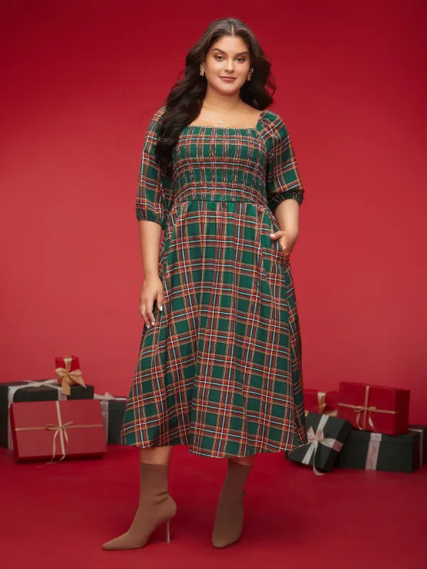 Square Neckline Plaid Smocked Bodice Midi Dress sold by Bloomchic