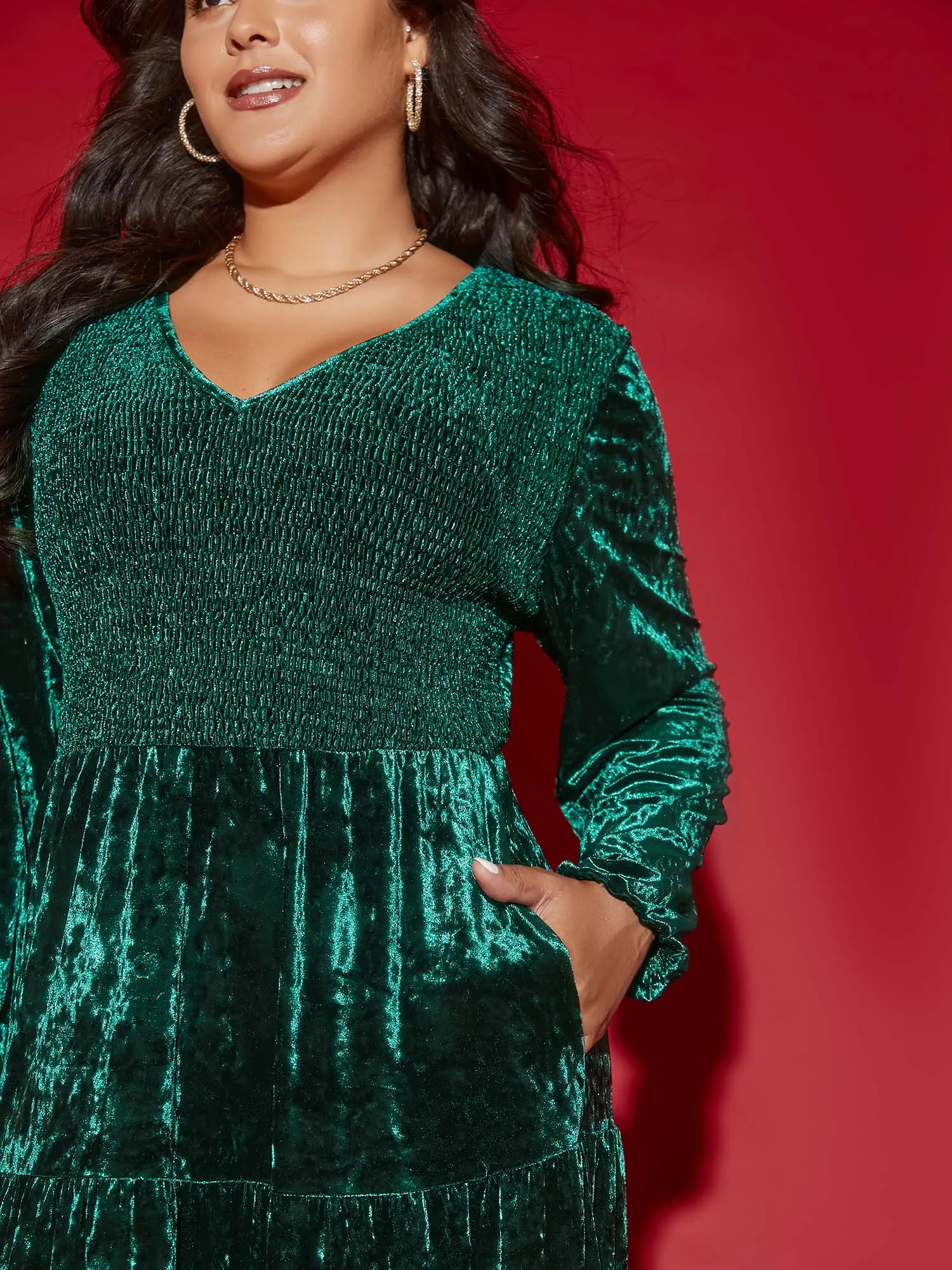 Velvet Smocked Bodice Tiered Hem Midi Dress sold by Bloomchic product image thumbnail 2