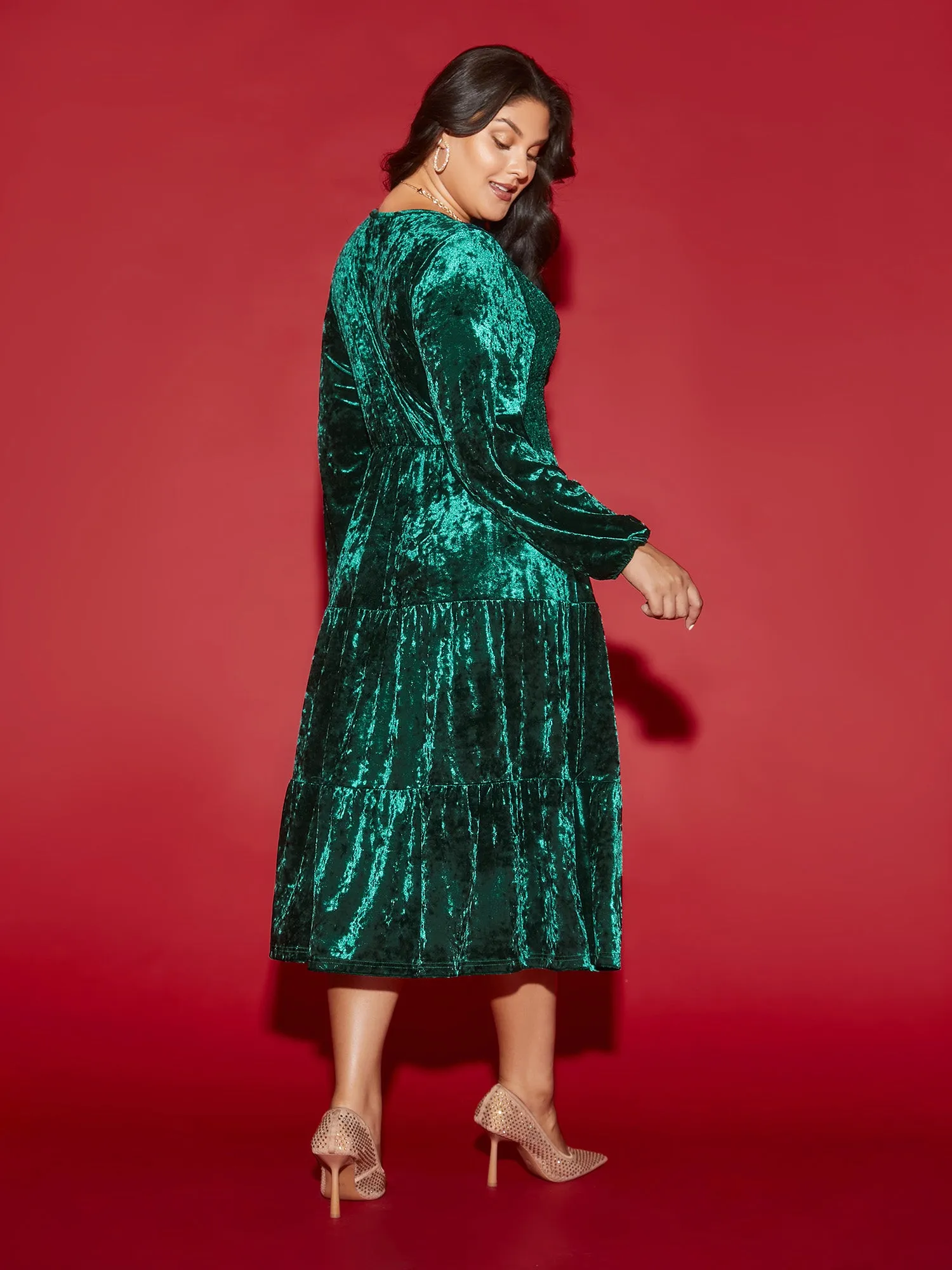 Velvet Smocked Bodice Tiered Hem Midi Dress sold by Bloomchic product image thumbnail 4