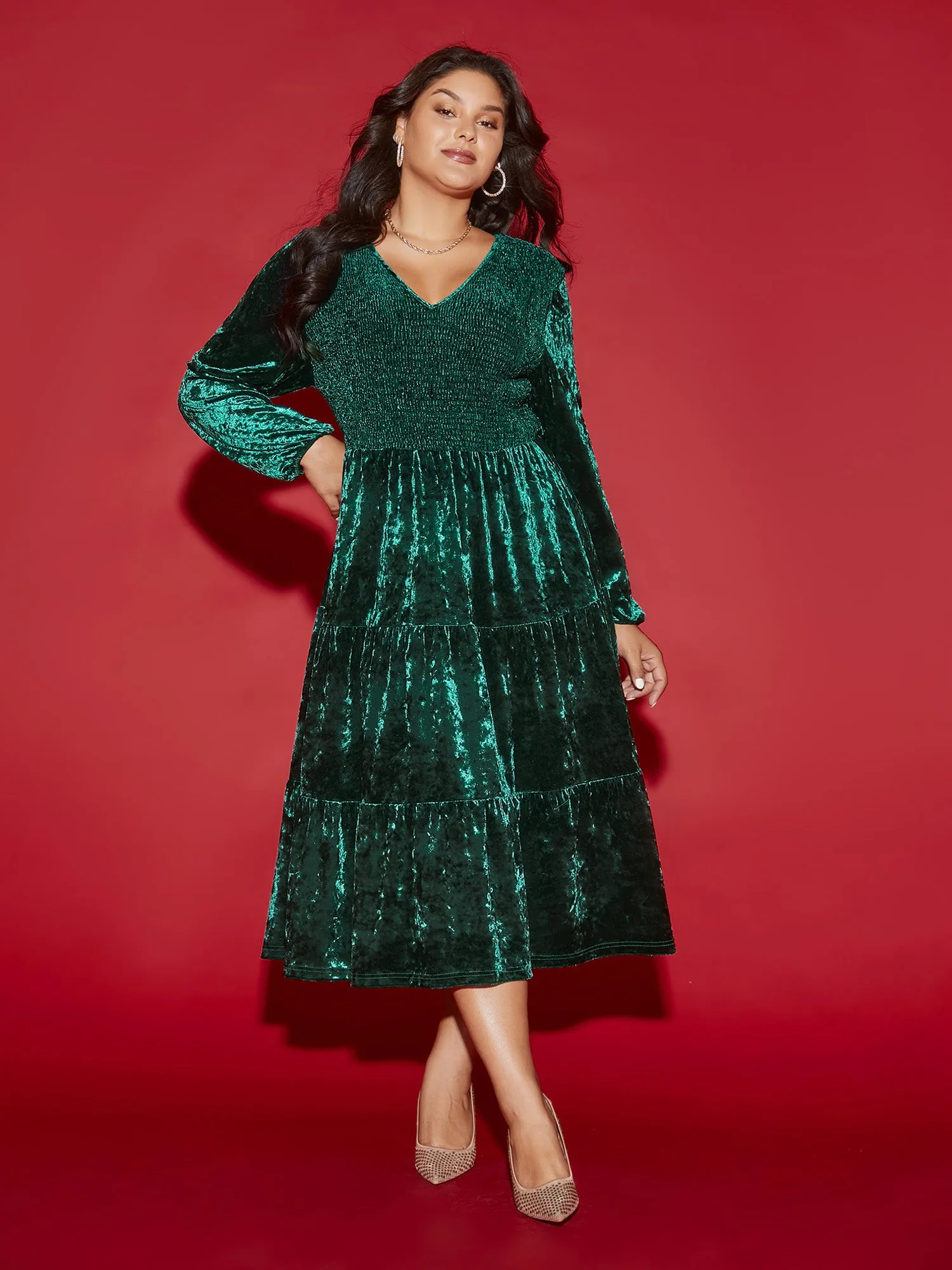 Velvet Smocked Bodice Tiered Hem Midi Dress sold by Bloomchic product image thumbnail 3