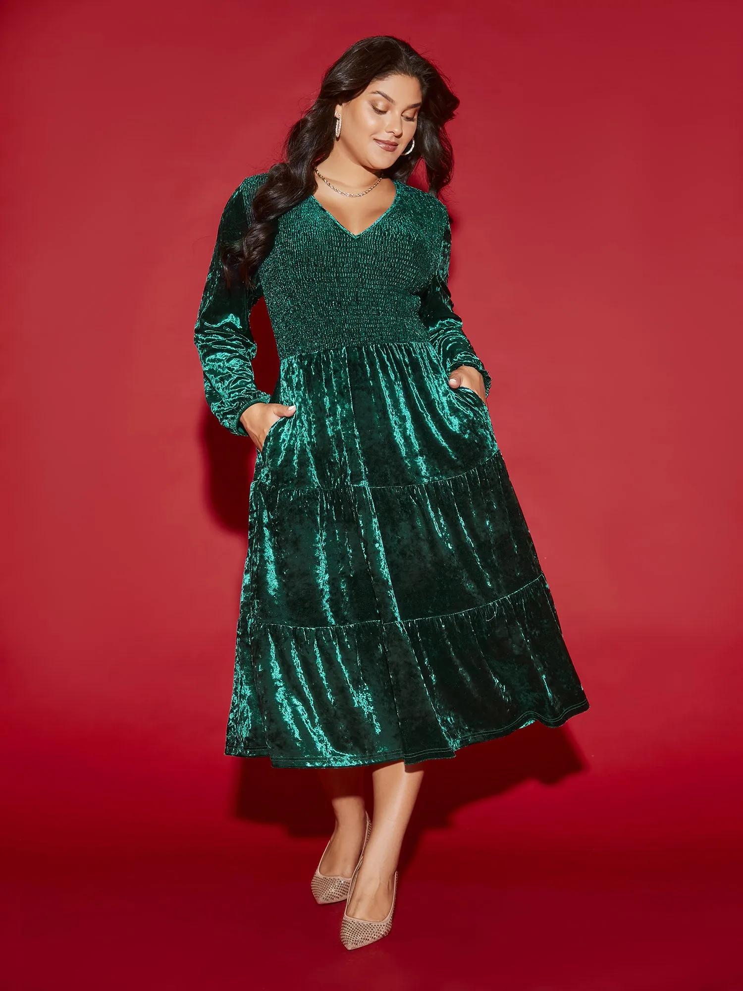 Velvet Smocked Bodice Tiered Hem Midi Dress sold by Bloomchic