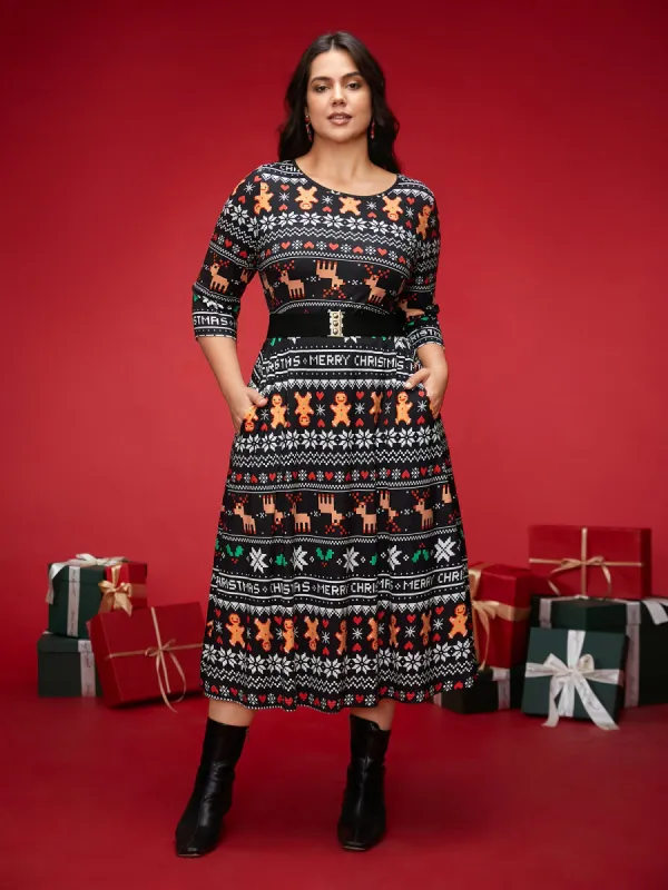 Holiday Printed Fit-and-Flare Silhouette Midi Dress sold by Bloomchic