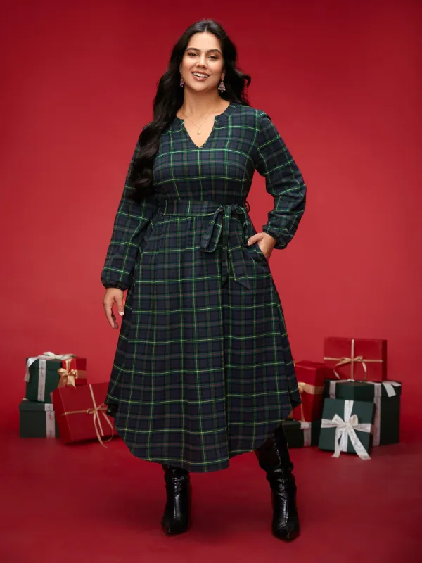Notched Collar Plaid Pattern Belted Midi Dress sold by Bloomchic