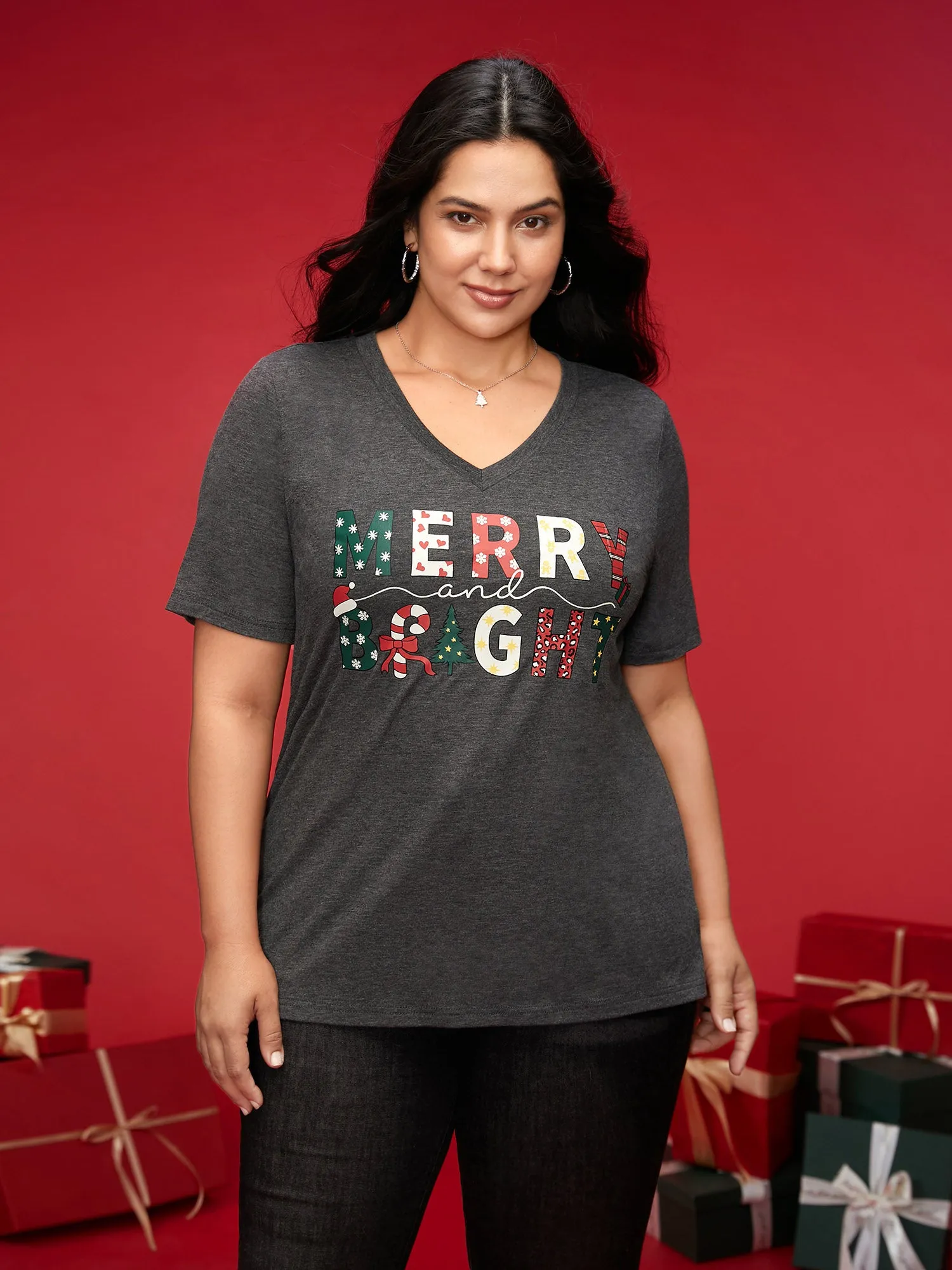 Merry & Bright Slogan Slim-FIt Tee sold by Bloomchic product image thumbnail 5