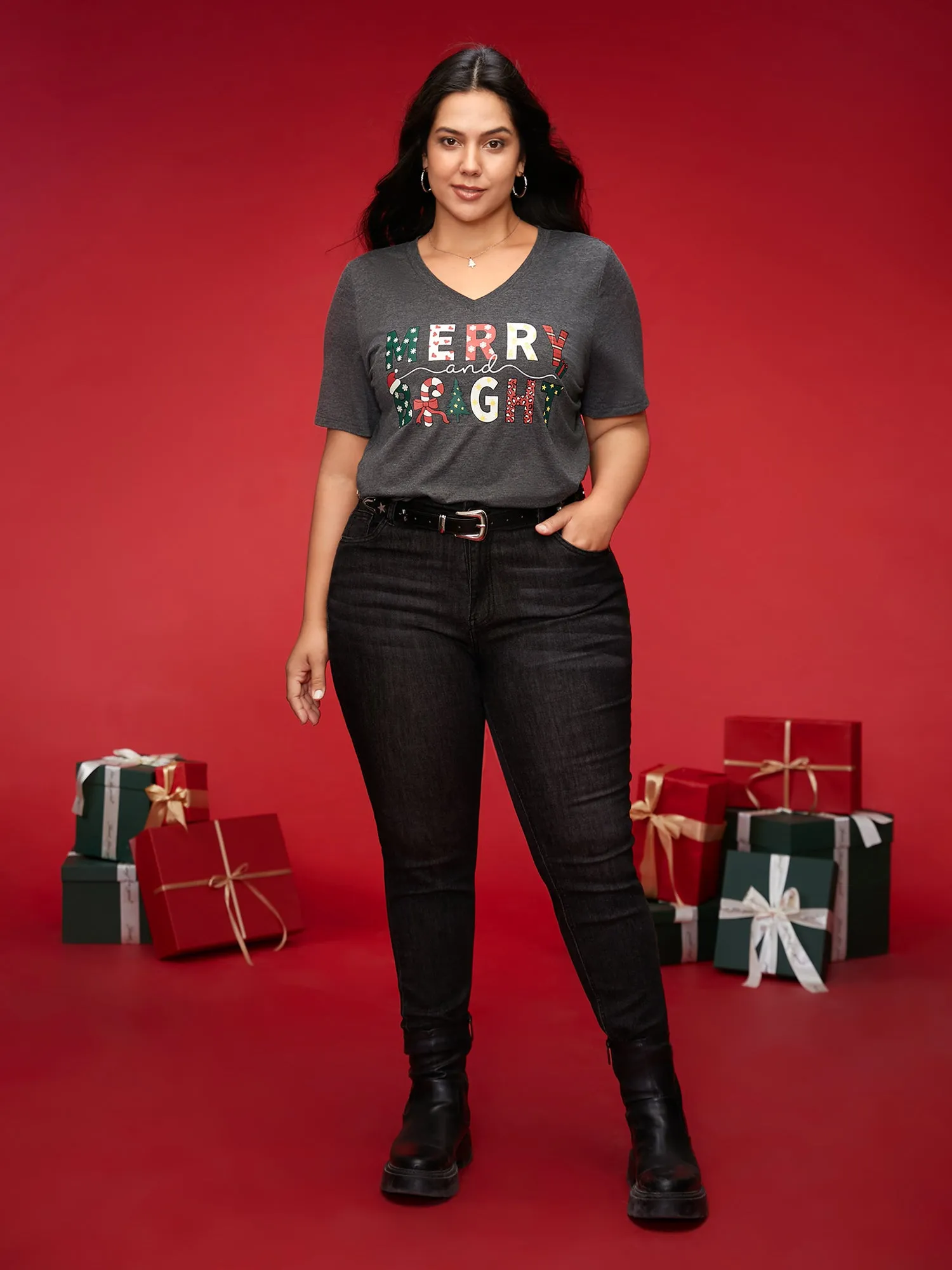 Merry & Bright Slogan Slim-FIt Tee sold by Bloomchic product image thumbnail 4