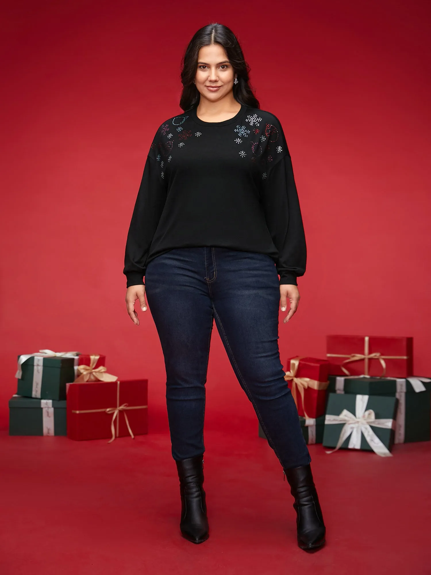 Rhinestone Embellished Shoulder Round Neck Tee sold by Bloomchic product image thumbnail 4