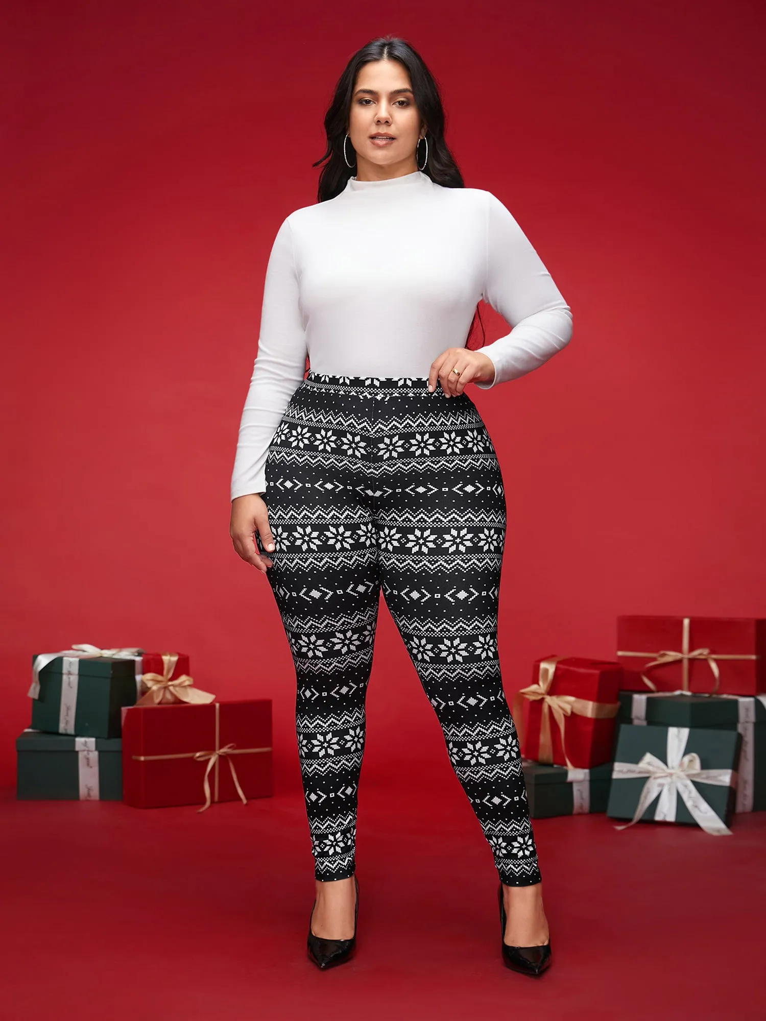 Snowflakes Printed High-Waist Stretchy Leggings sold by Bloomchic product image thumbnail 2