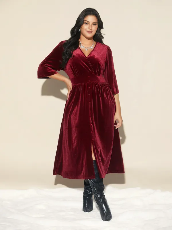Velvet Ruched Surplice Neckline Midi Dress sold by Bloomchic