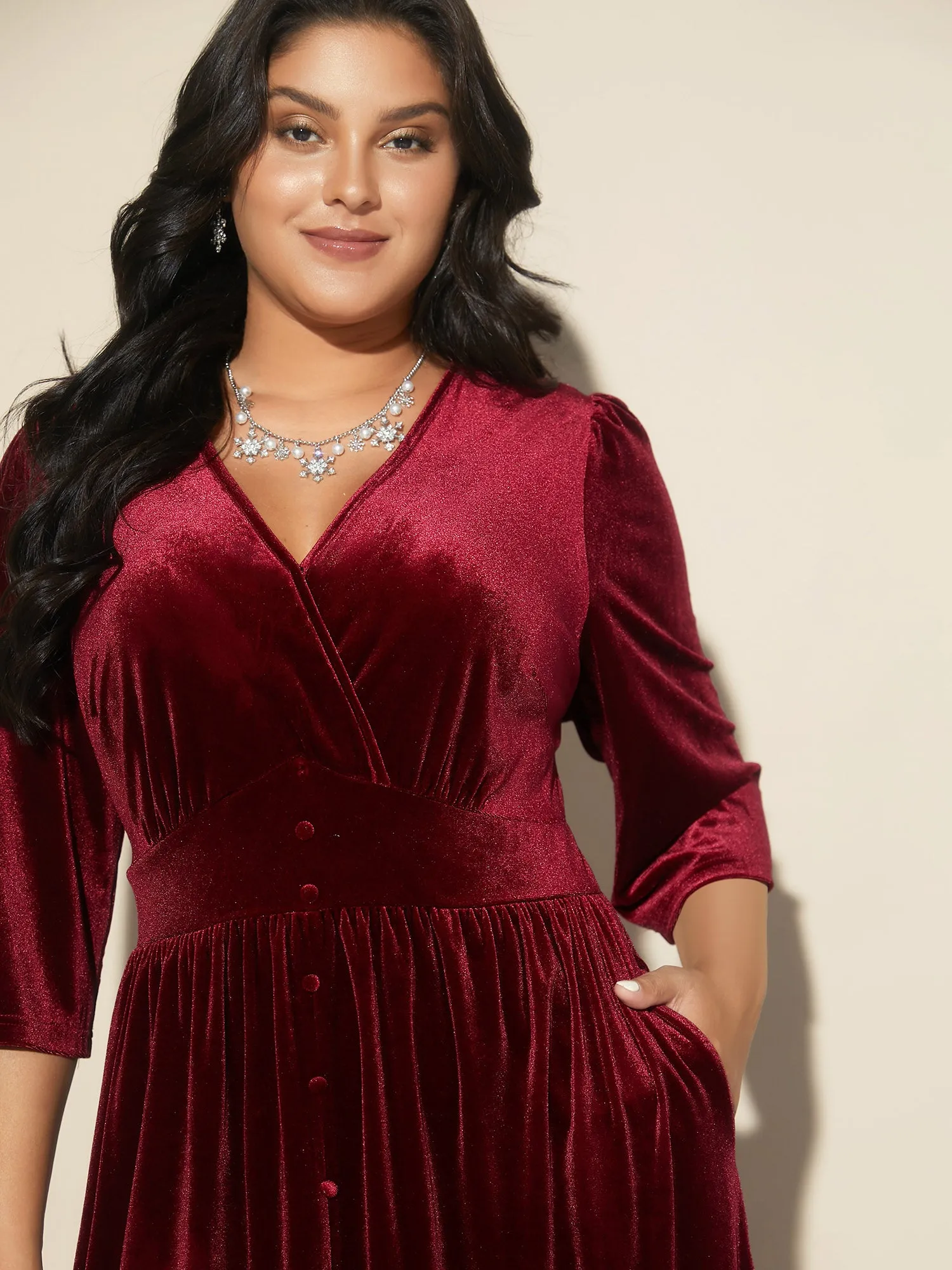 Velvet Ruched Surplice Neckline Midi Dress sold by Bloomchic product image thumbnail 2