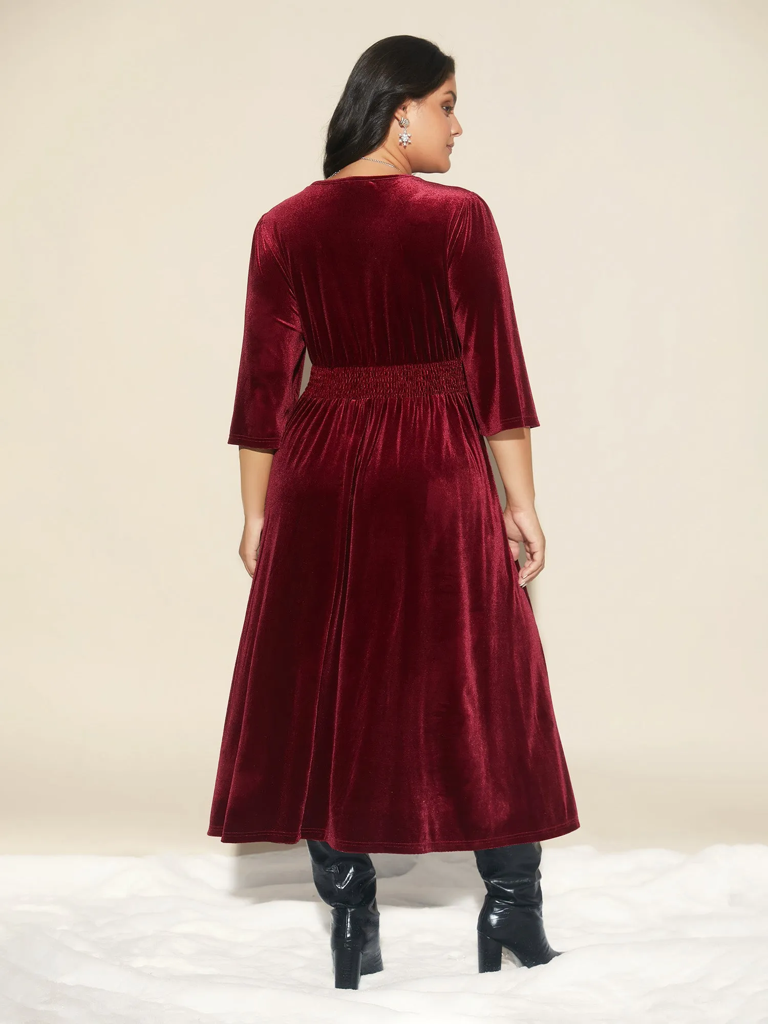 Velvet Ruched Surplice Neckline Midi Dress sold by Bloomchic product image thumbnail 4