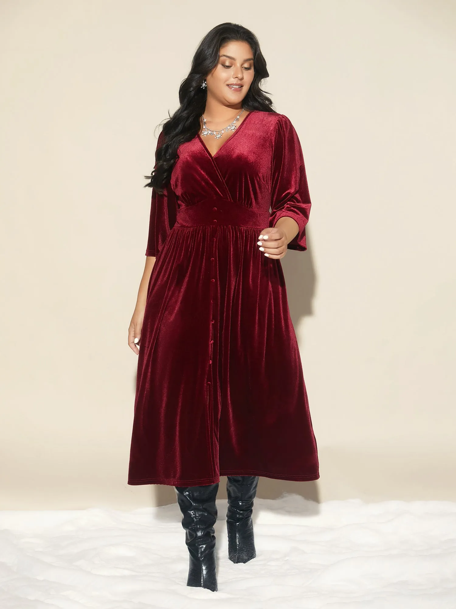 Velvet Ruched Surplice Neckline Midi Dress sold by Bloomchic product image thumbnail 3
