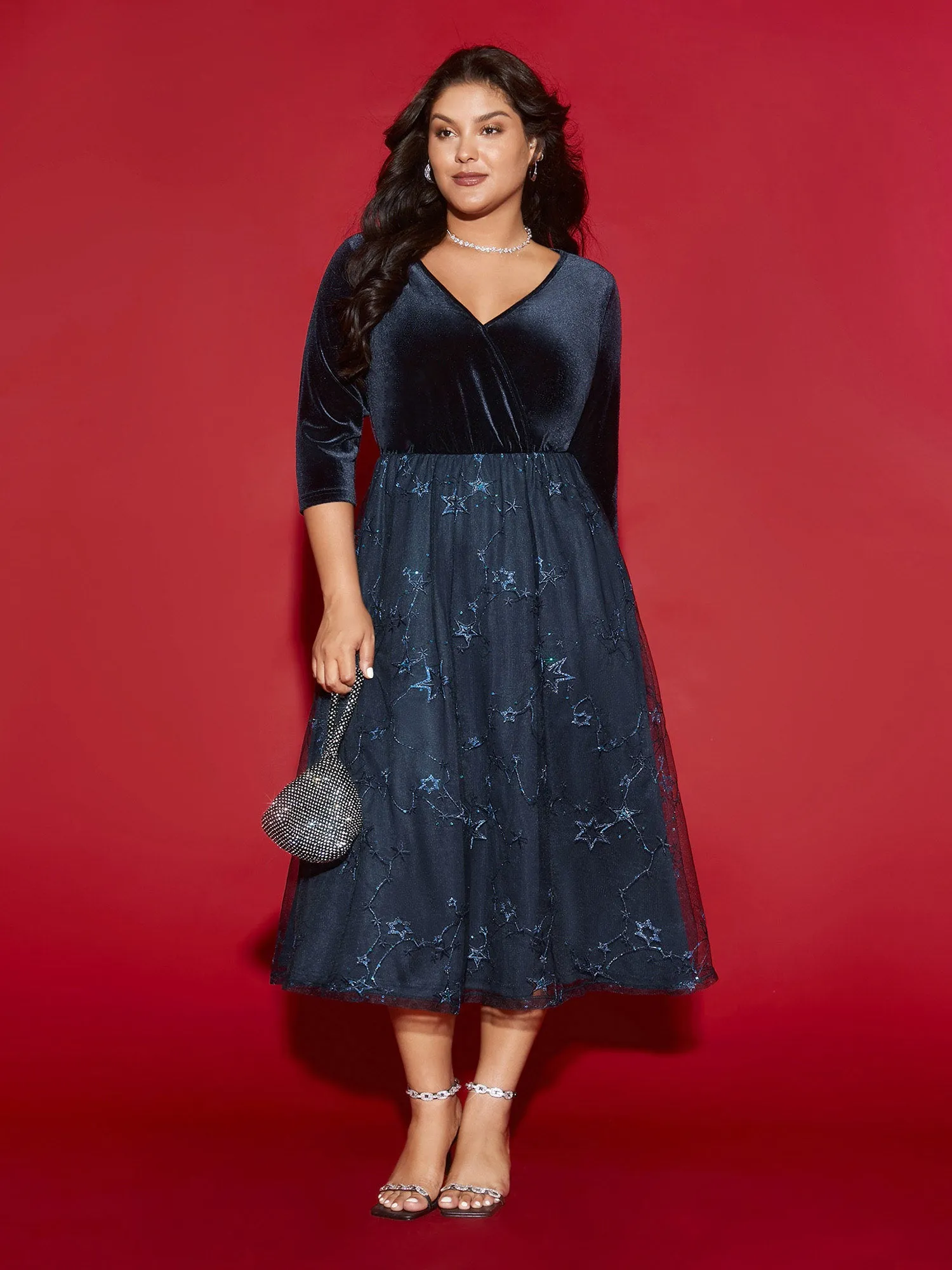 Velvet Star Mesh Surplice Neckline Midi Dress sold by Bloomchic