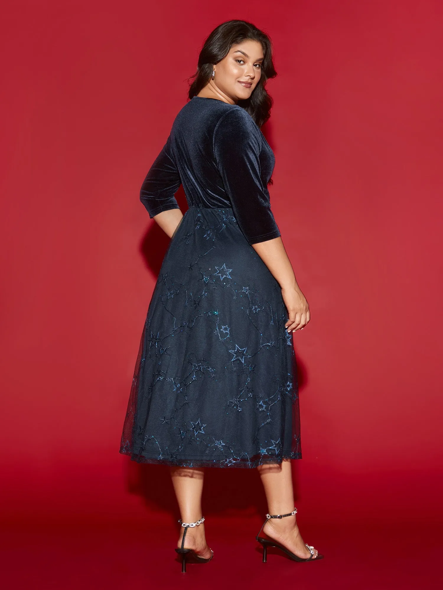 Velvet Star Mesh Surplice Neckline Midi Dress sold by Bloomchic product image thumbnail 4