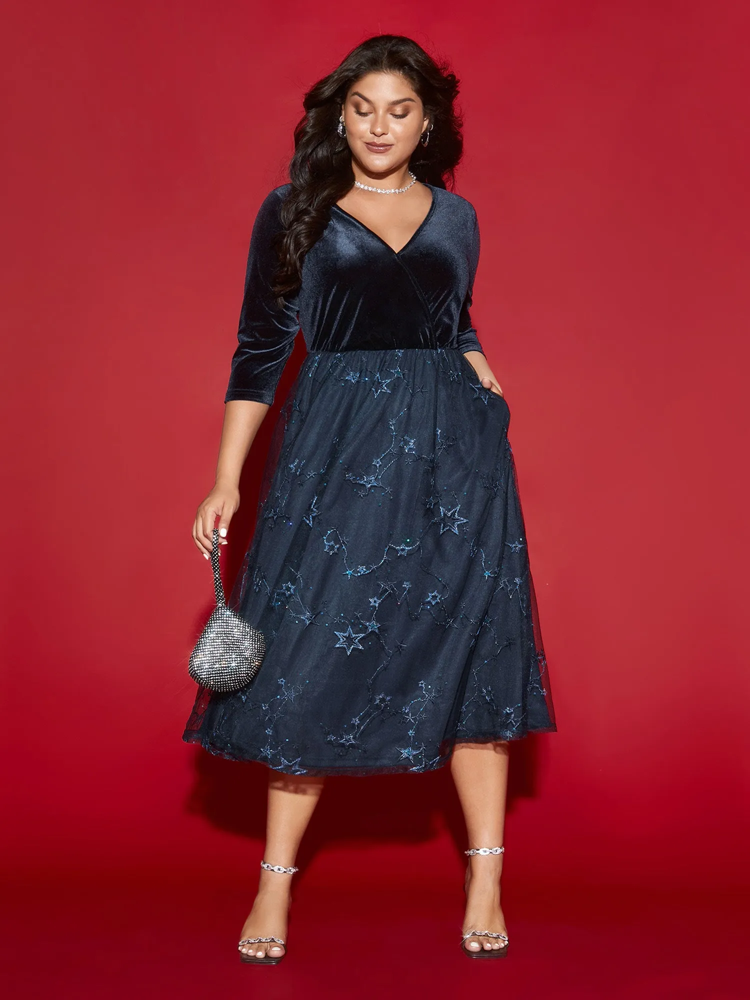Velvet Star Mesh Surplice Neckline Midi Dress sold by Bloomchic product image thumbnail 3