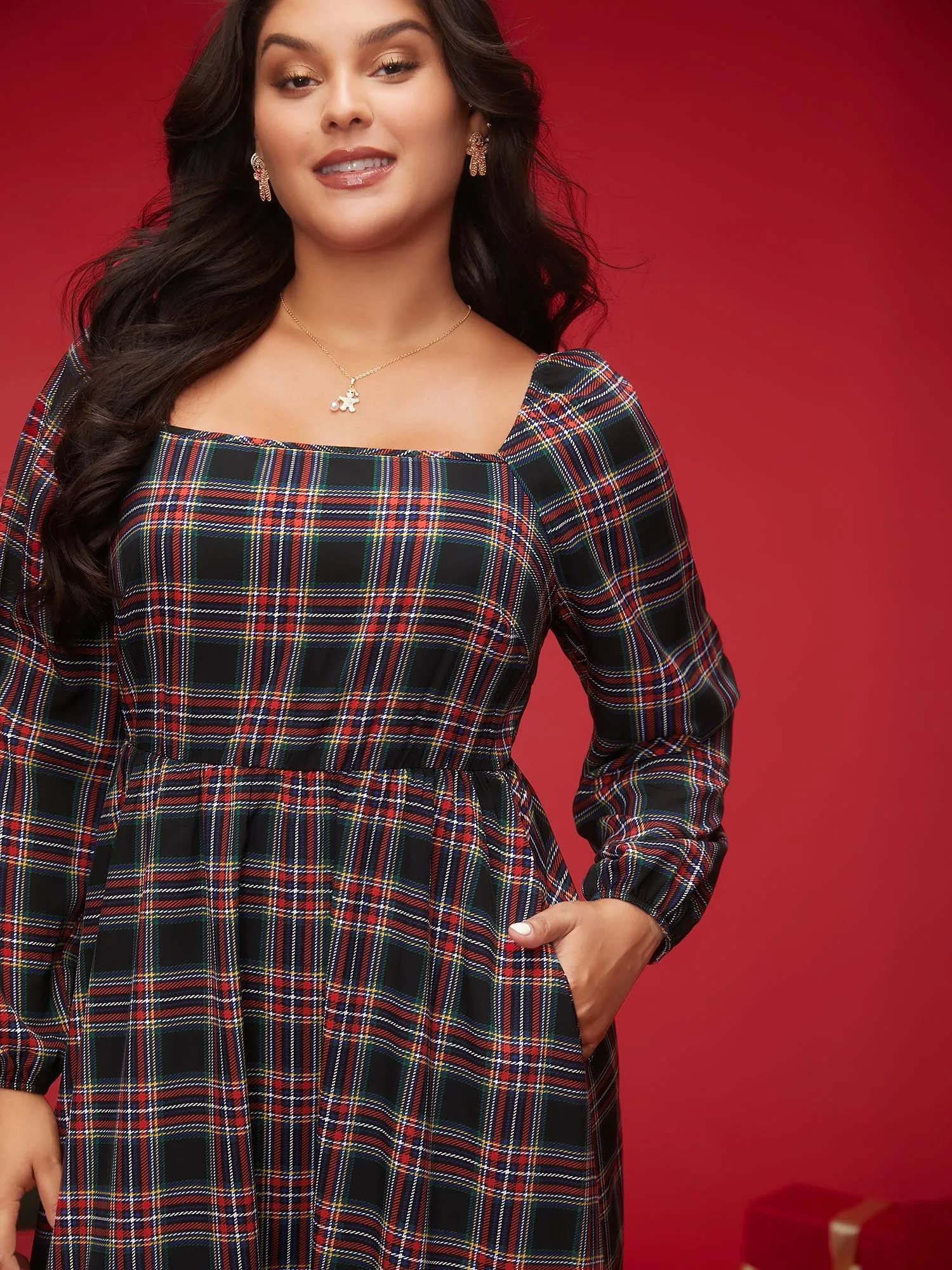 Plaid Square Neckline Puffy Sleeve Midi Dress sold by Bloomchic product image thumbnail 3