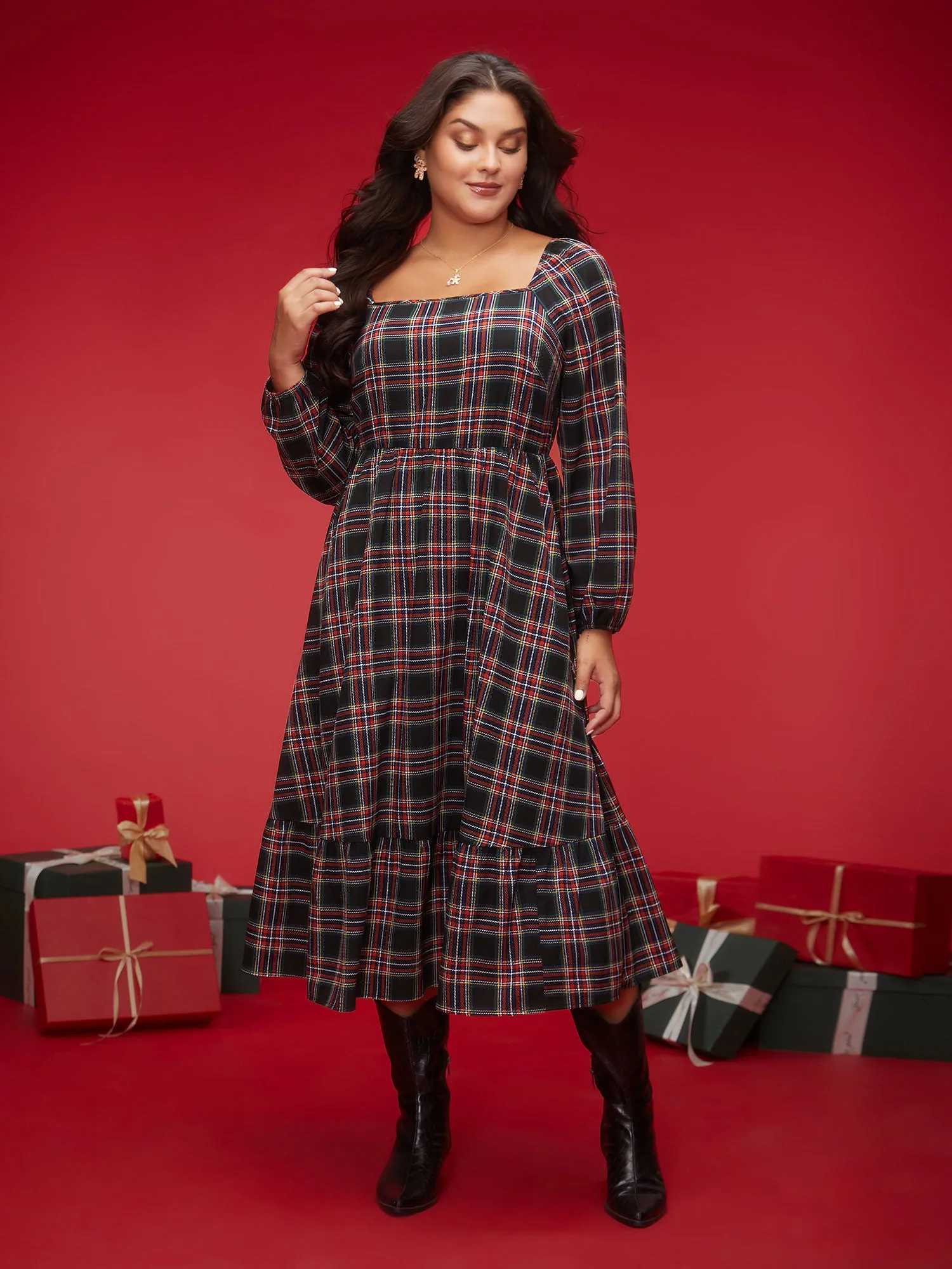 Plaid Square Neckline Puffy Sleeve Midi Dress sold by Bloomchic