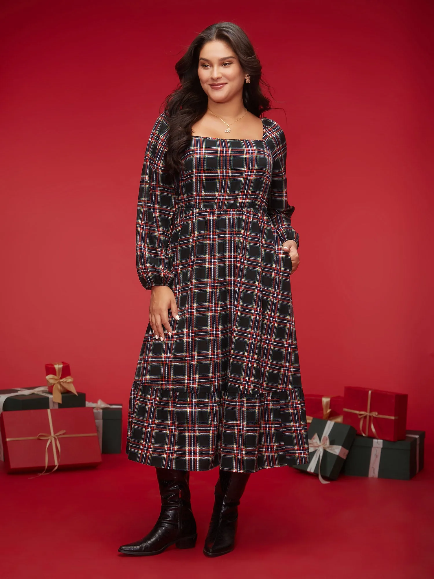 Plaid Square Neckline Puffy Sleeve Midi Dress sold by Bloomchic product image thumbnail 2