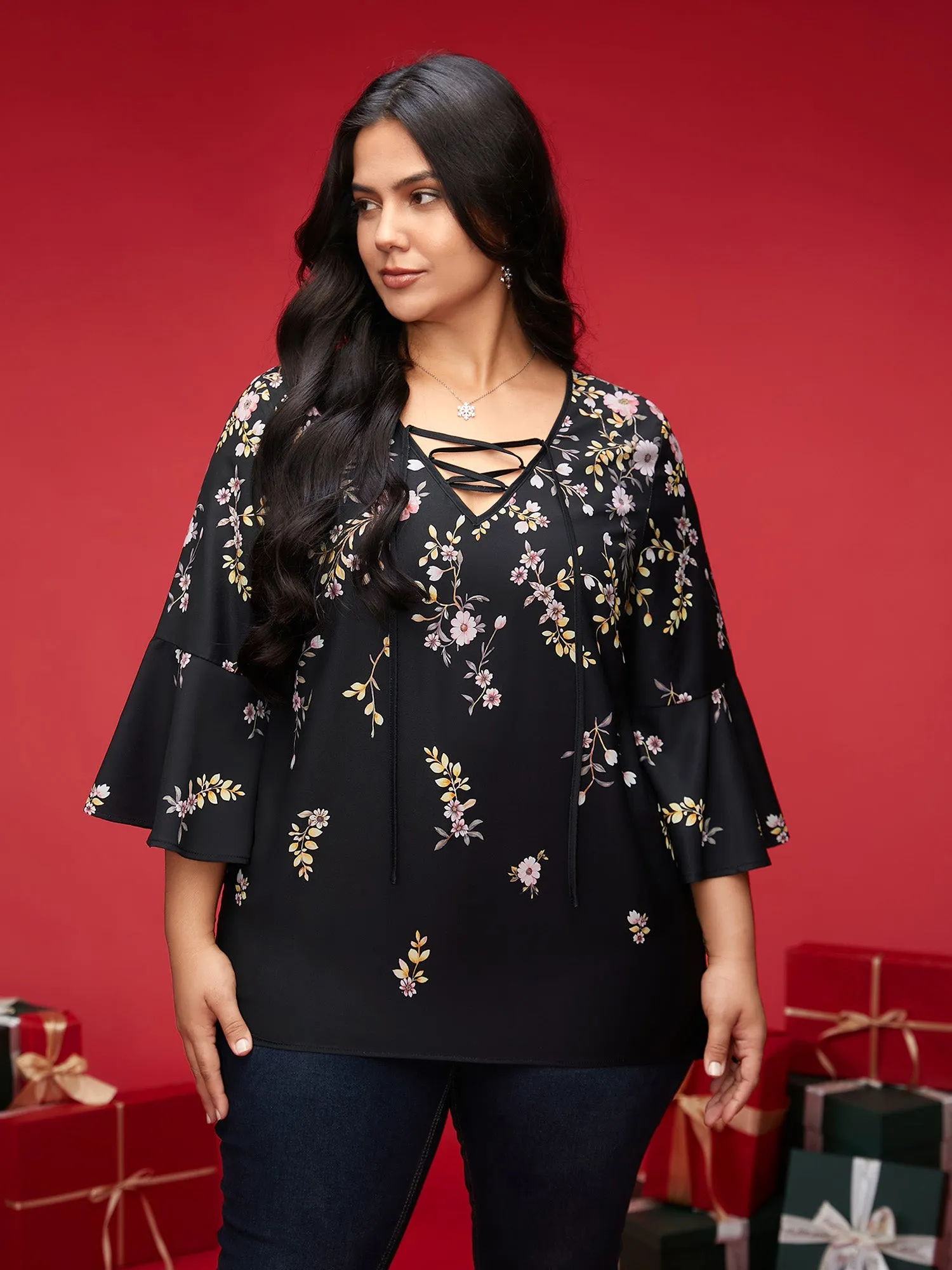Gradient Floral Ruffle Sleeves Blouse sold by Bloomchic product image thumbnail 3