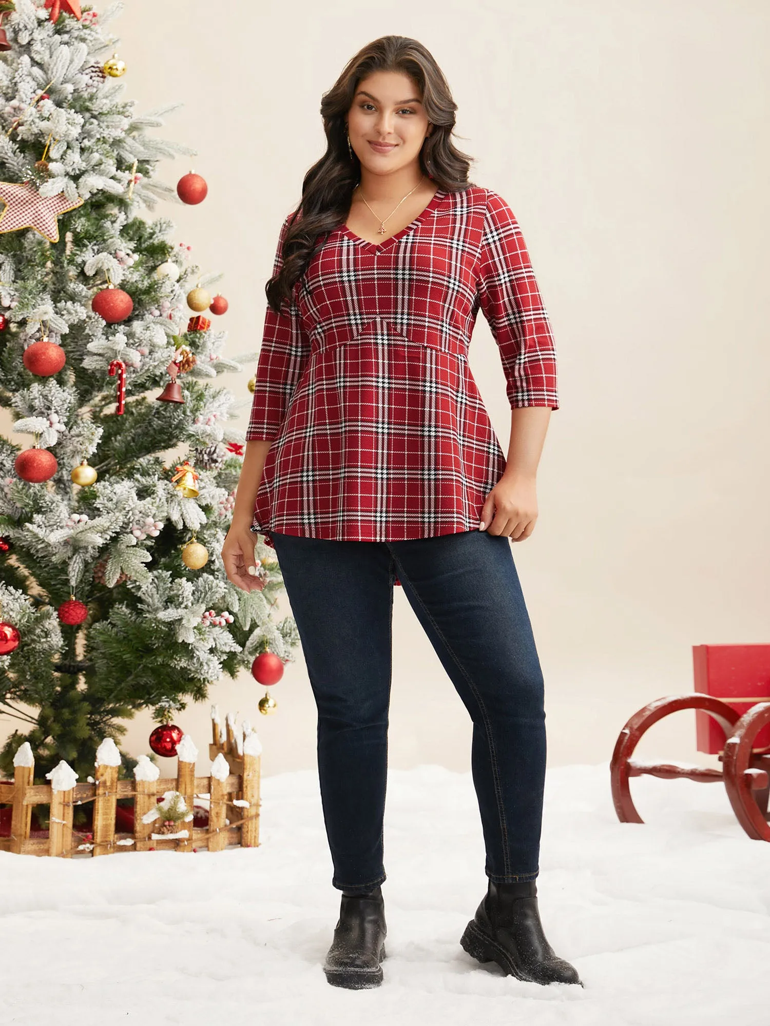 Plaid Quarter-Sleeve Elastic Waist Tee sold by Bloomchic product image thumbnail 4