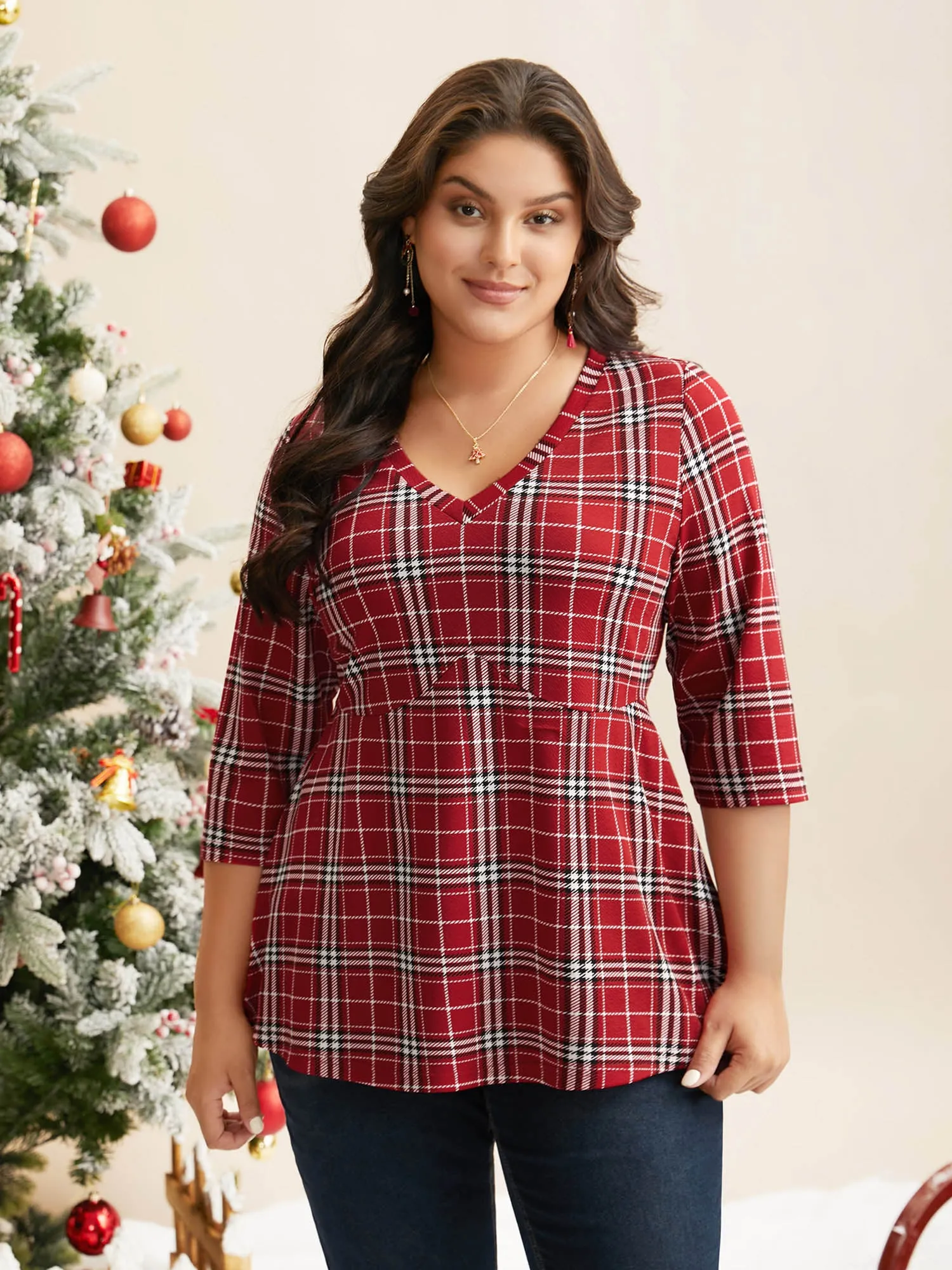 Plaid Quarter-Sleeve Elastic Waist Tee sold by Bloomchic product image thumbnail 3