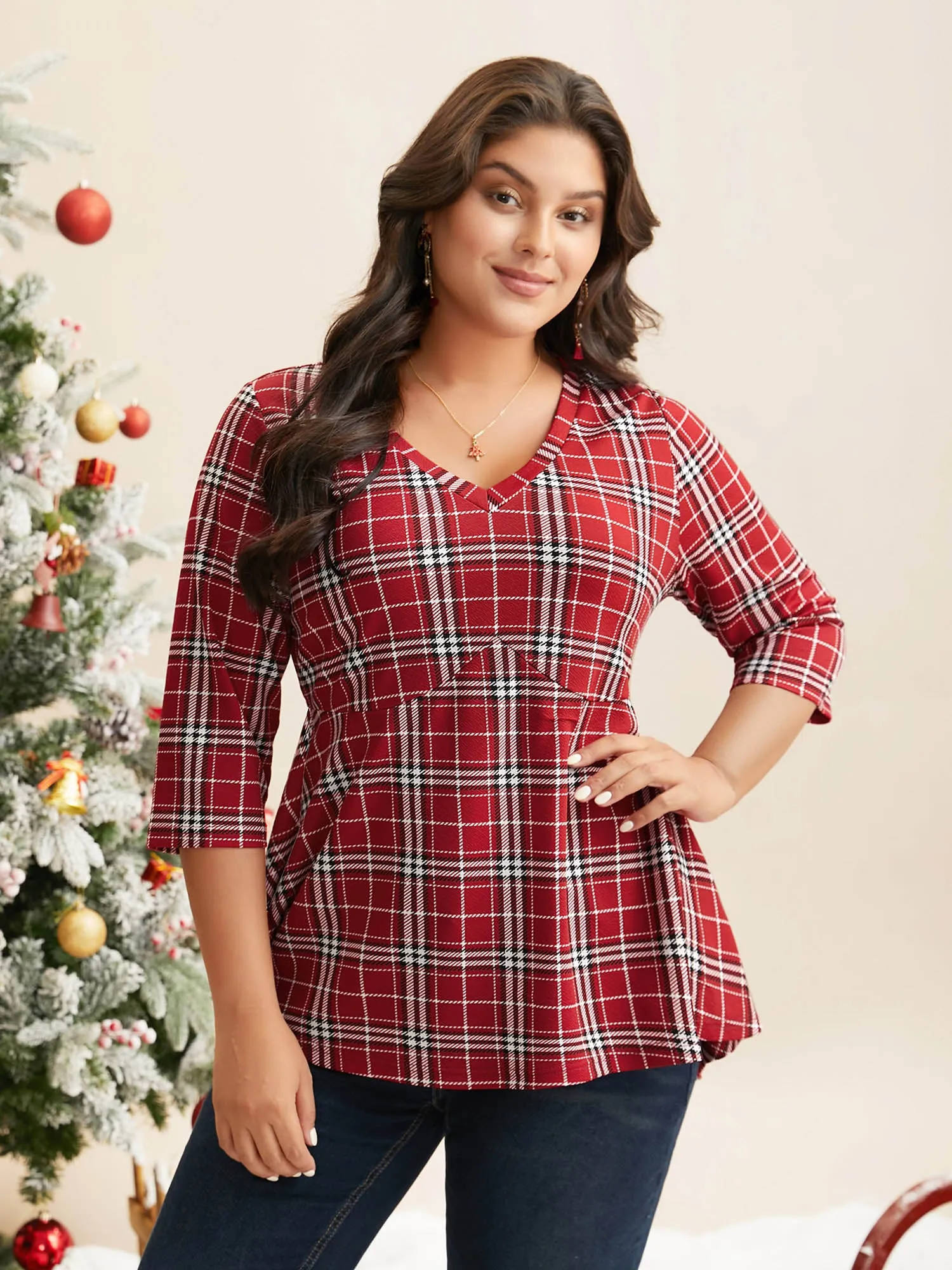 Plaid Quarter-Sleeve Elastic Waist Tee sold by Bloomchic