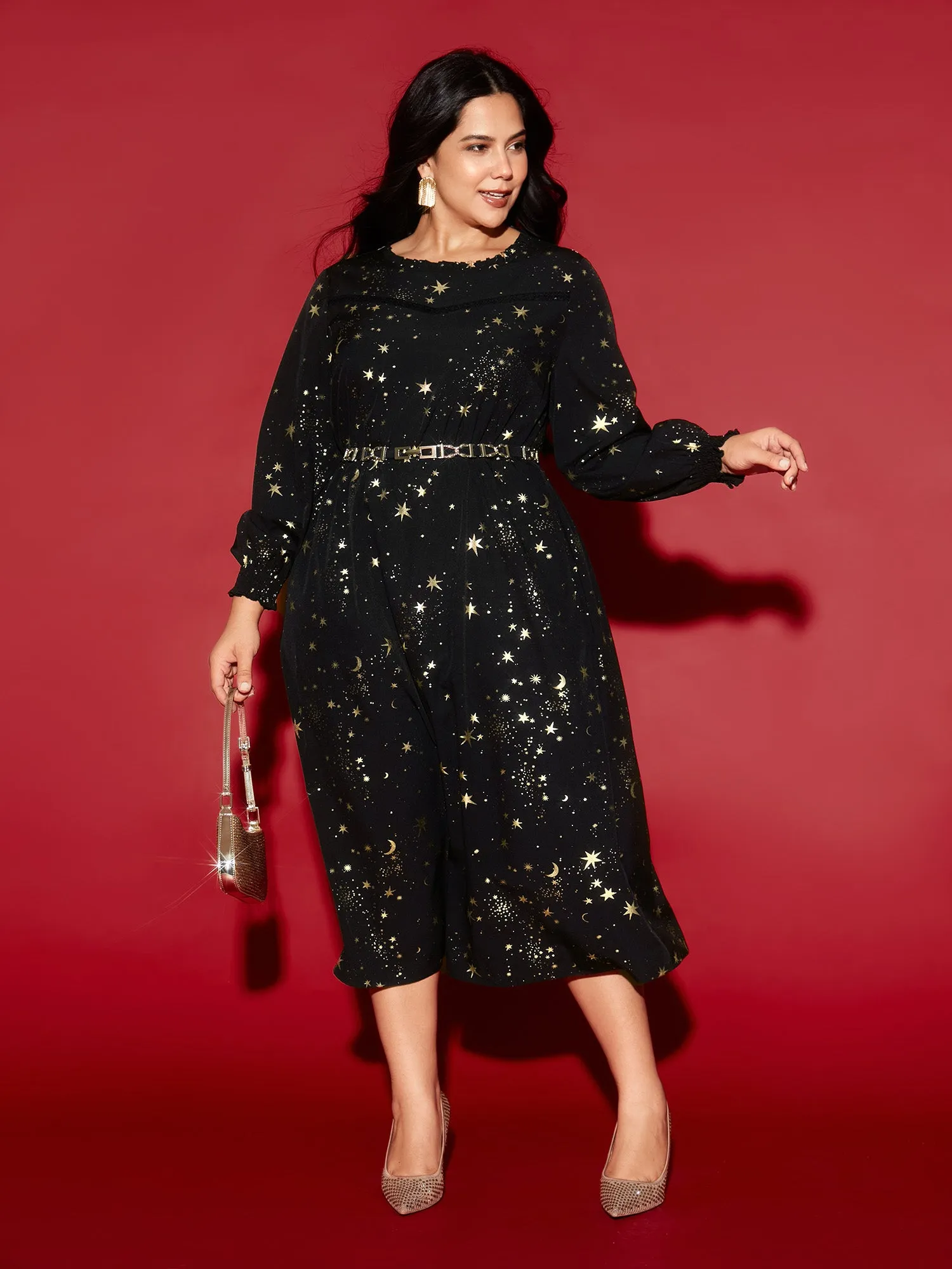 Star Printed Lace Neckline Midi Dress sold by Bloomchic product image thumbnail 3
