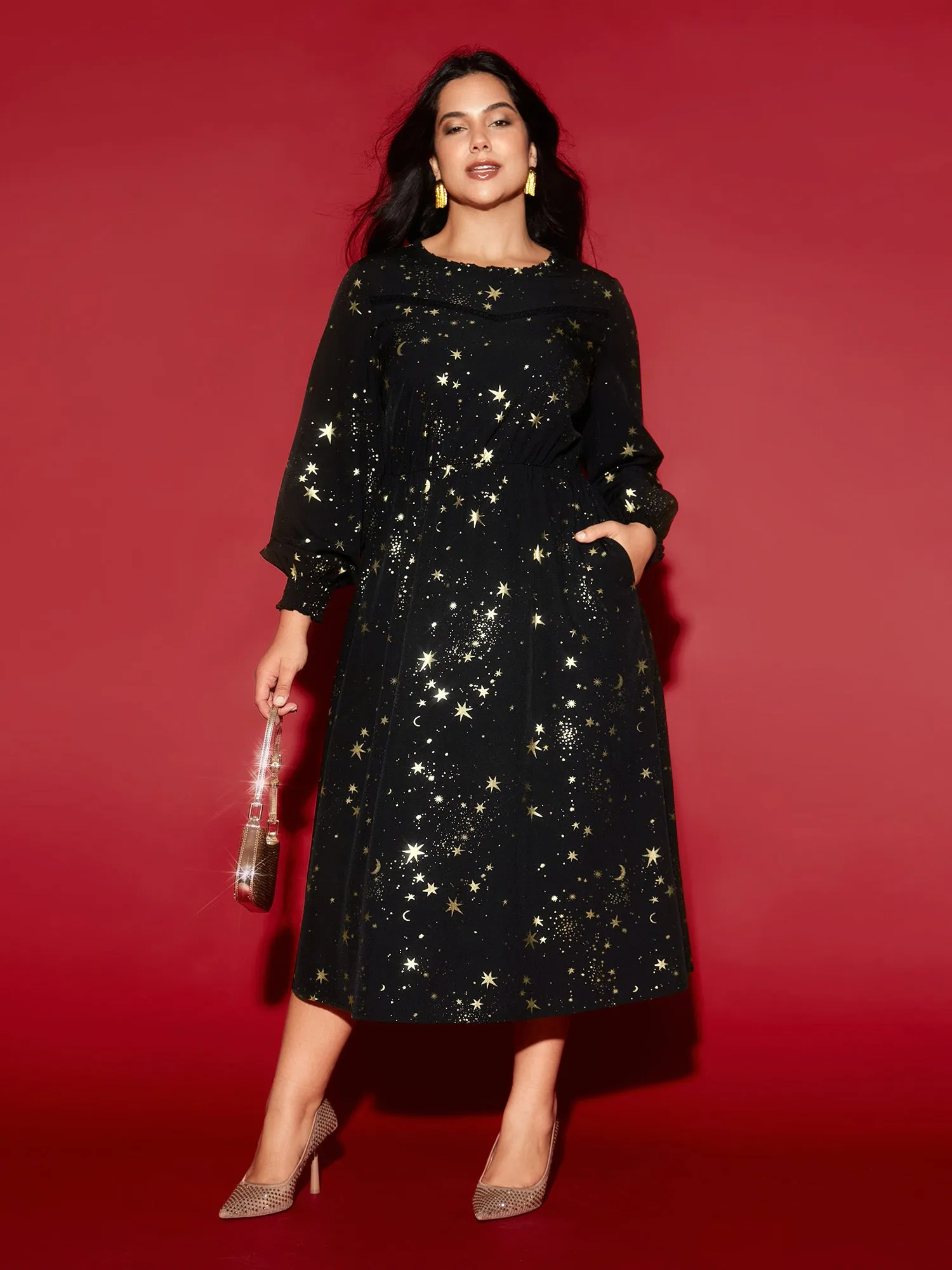 Star Printed Lace Neckline Midi Dress sold by Bloomchic
