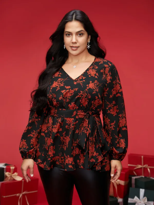 Elastic Waist-Tie Floral V-neck Blouse sold by Bloomchic