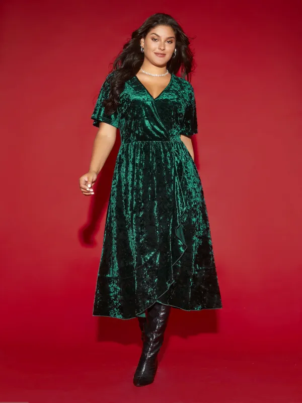 Velvet Surplice Neckline Ruffle Sleeves Midi Dress sold by Bloomchic