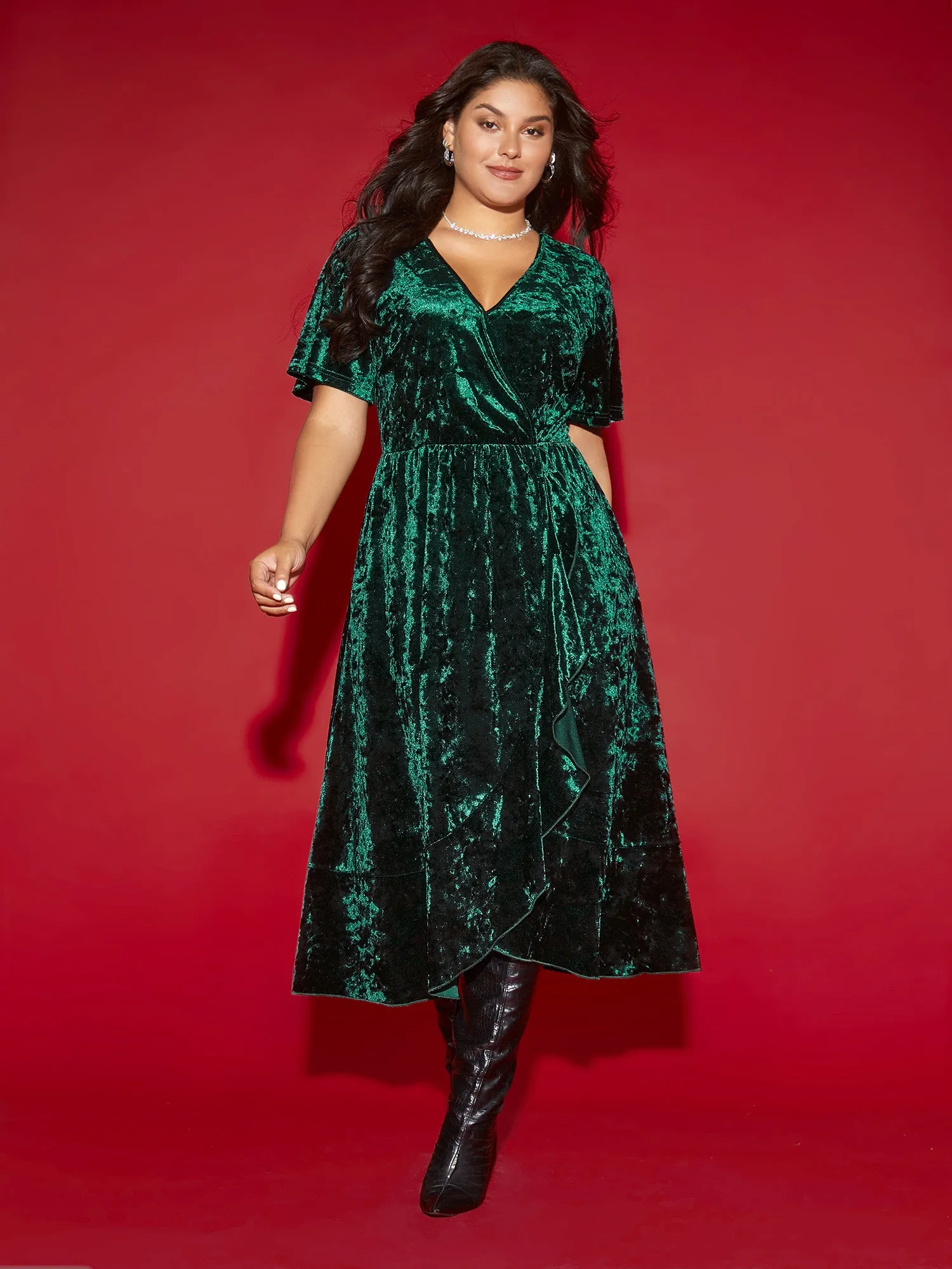 Velvet Surplice Neckline Ruffle Sleeves Midi Dress sold by Bloomchic