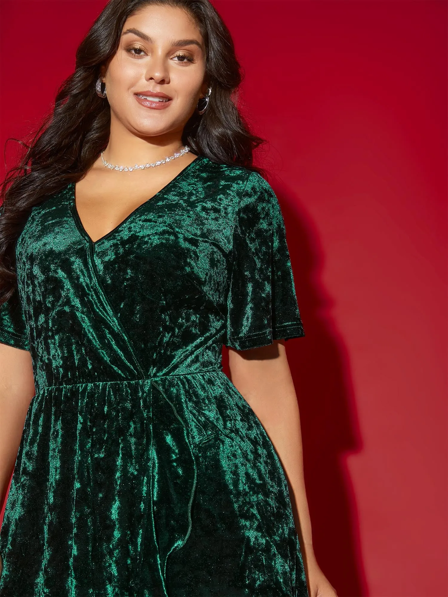 Velvet Surplice Neckline Ruffle Sleeves Midi Dress sold by Bloomchic product image thumbnail 3