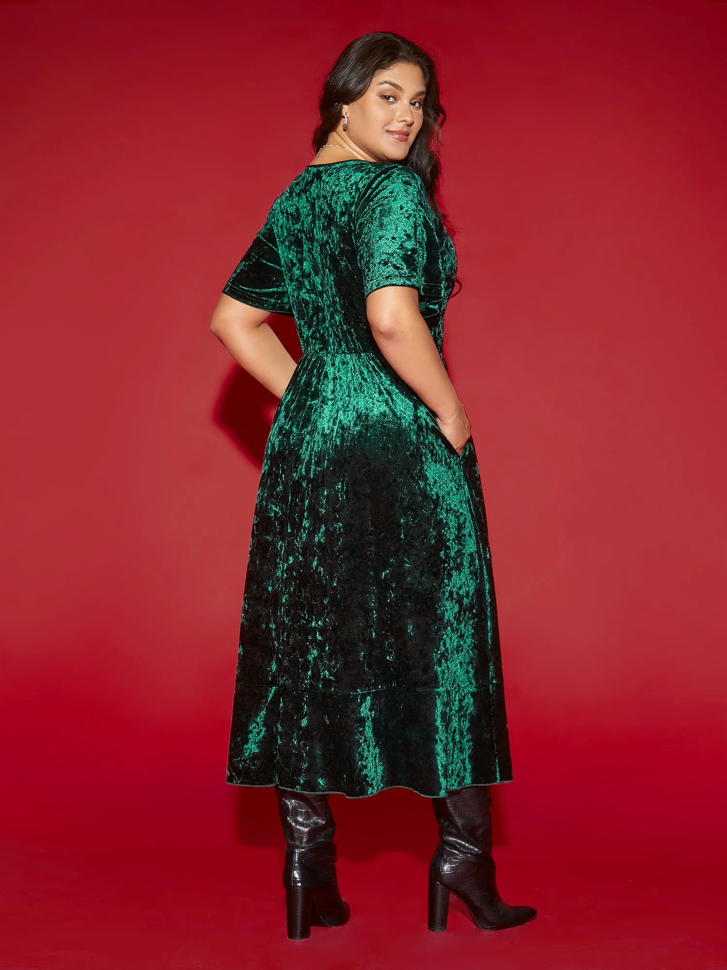 Velvet Surplice Neckline Ruffle Sleeves Midi Dress sold by Bloomchic product image thumbnail 4