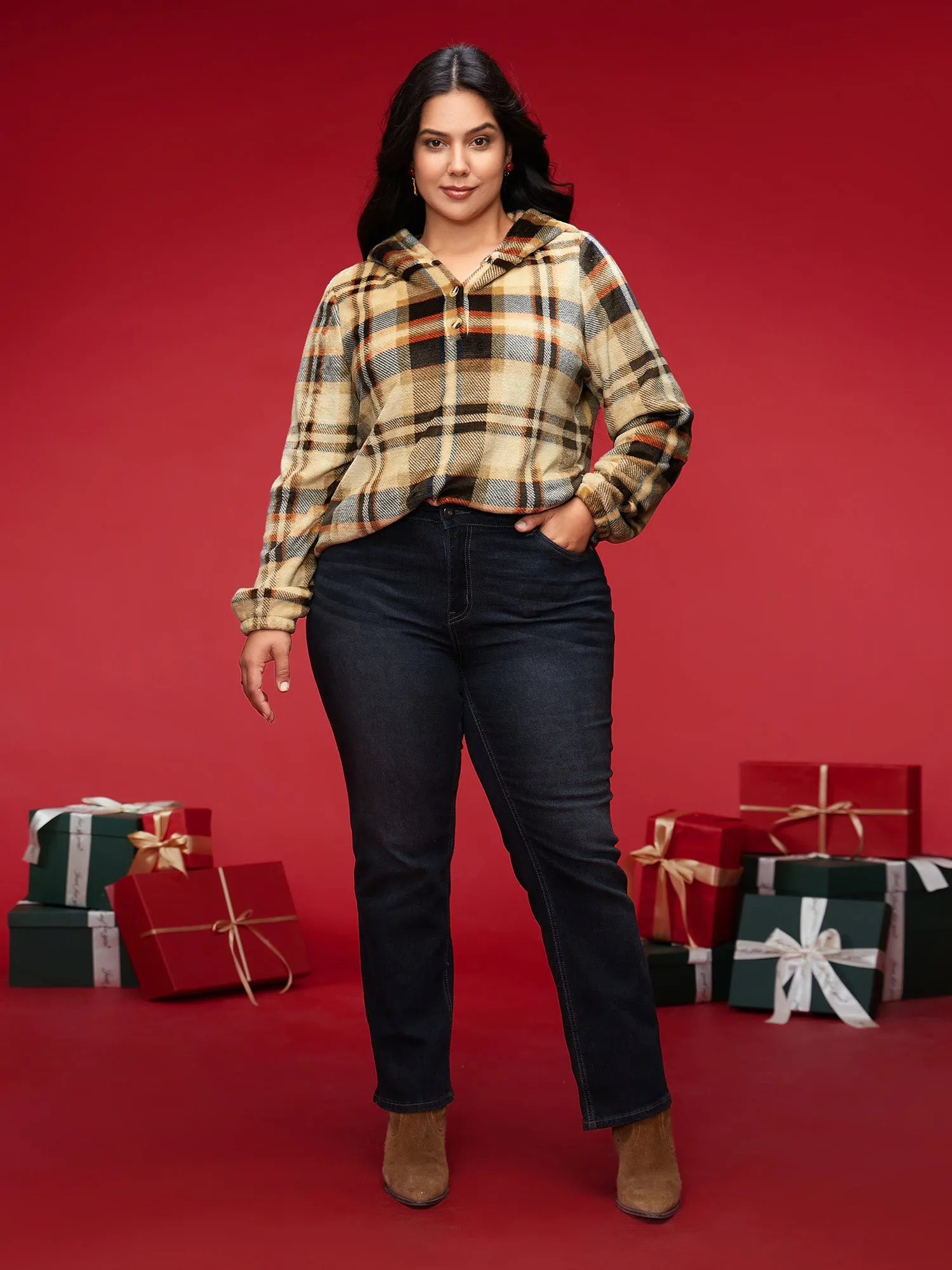 Fuzzy Pullover Plaid Hoodie sold by Bloomchic product image thumbnail 3