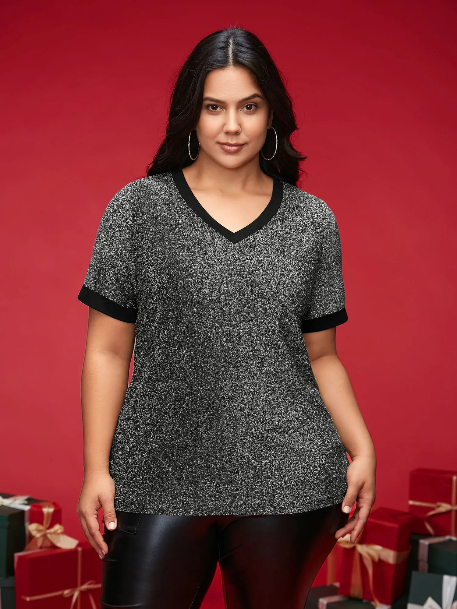 V-Neck Contrast Lurex Slim-Fit Tee sold by Bloomchic
