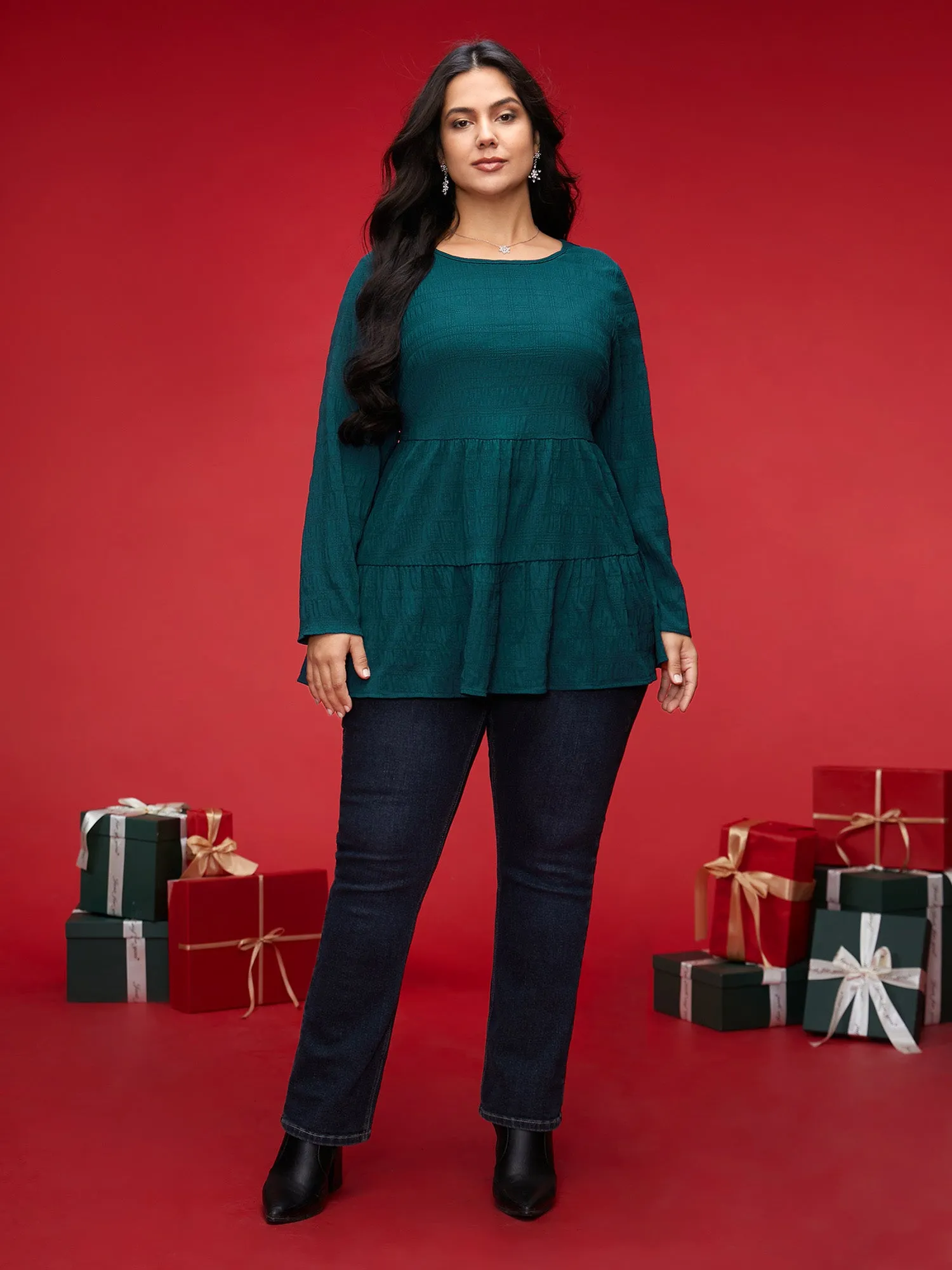 Textured Round Neck Tiered Hem Blouse sold by Bloomchic product image thumbnail 2