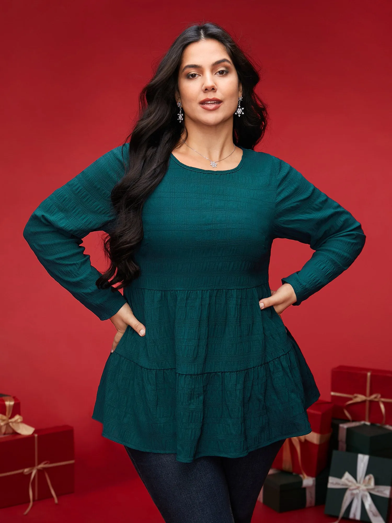 Textured Round Neck Tiered Hem Blouse sold by Bloomchic product image thumbnail 4