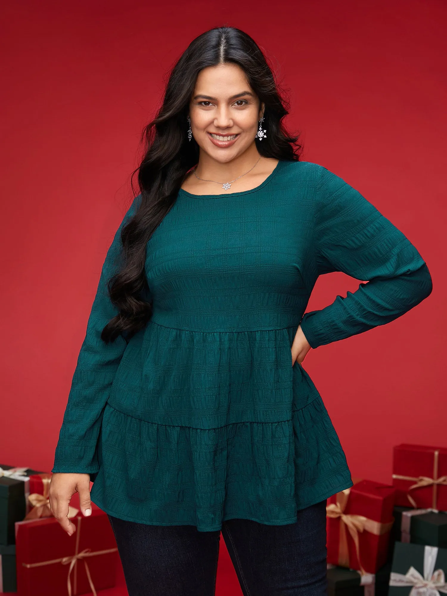 Textured Round Neck Tiered Hem Blouse sold by Bloomchic product image thumbnail 3