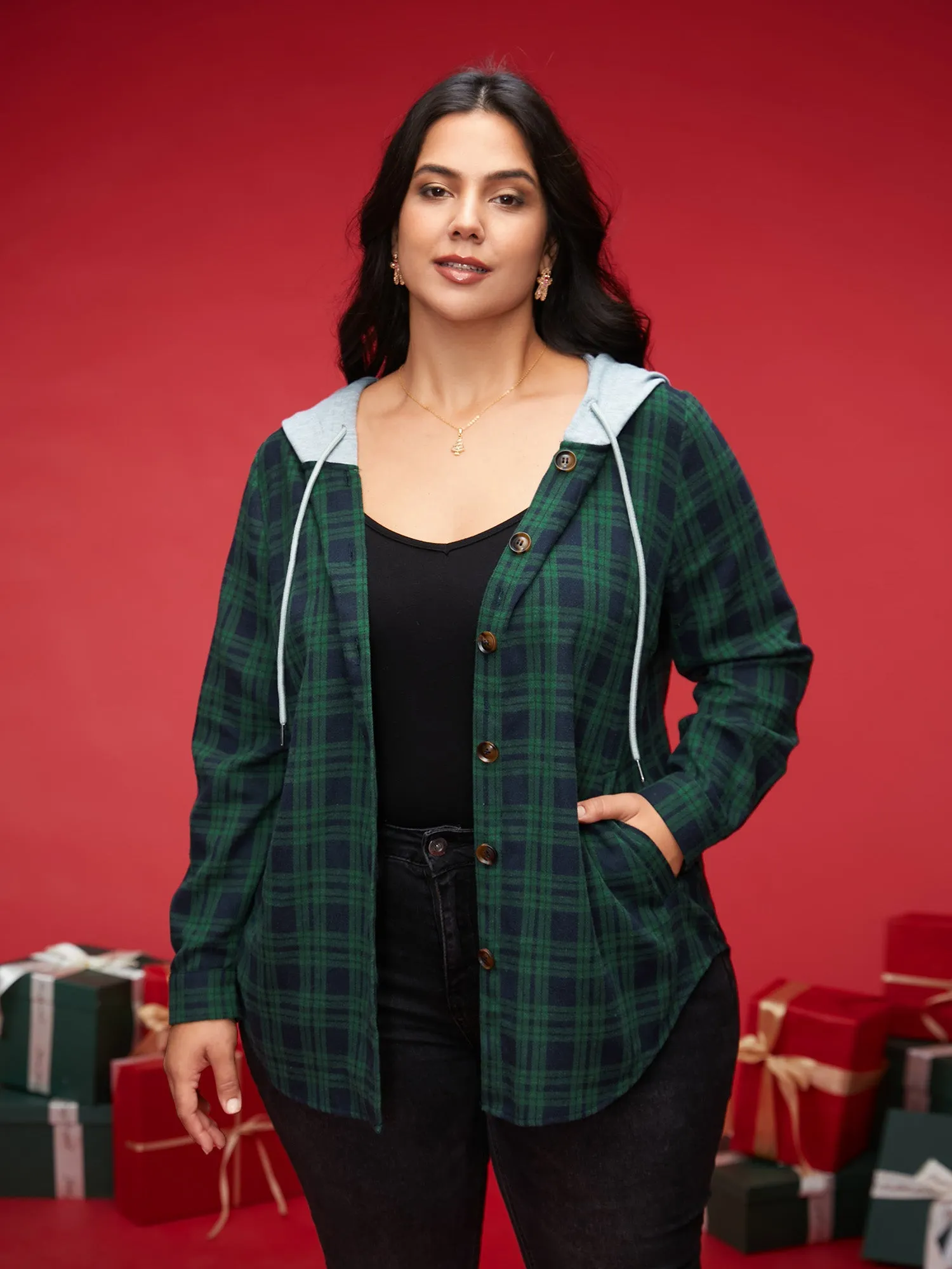 Plaid Hooded Drawstring Jacket sold by Bloomchic product image thumbnail 4