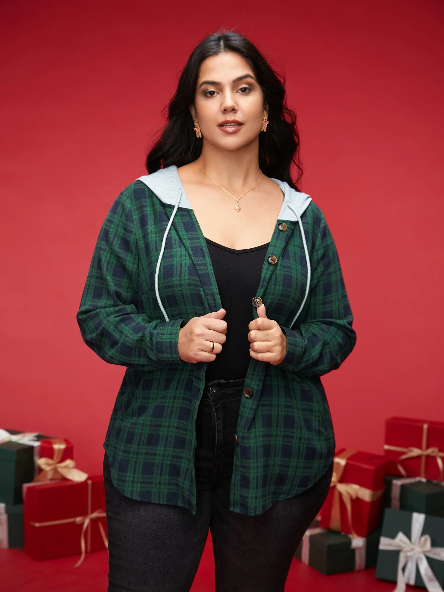 Plaid Hooded Drawstring Jacket sold by Bloomchic product image thumbnail 2