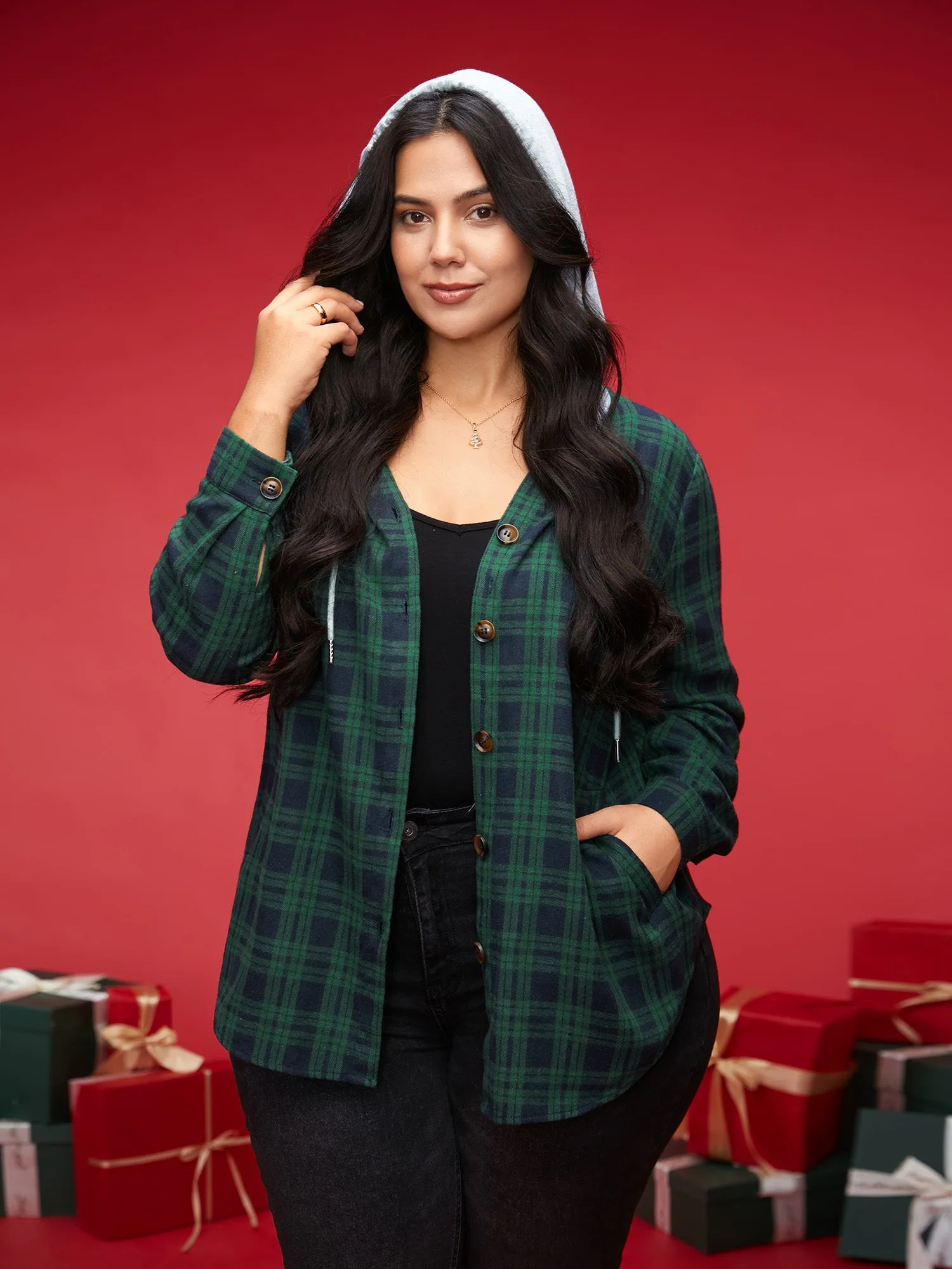 Plaid Hooded Drawstring Jacket sold by Bloomchic product image thumbnail 5