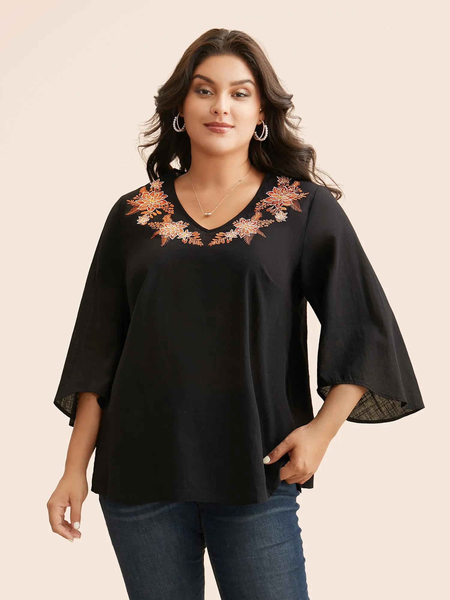 Embroidered V-neck Ruffle Sleeve Blouse sold by Bloomchic