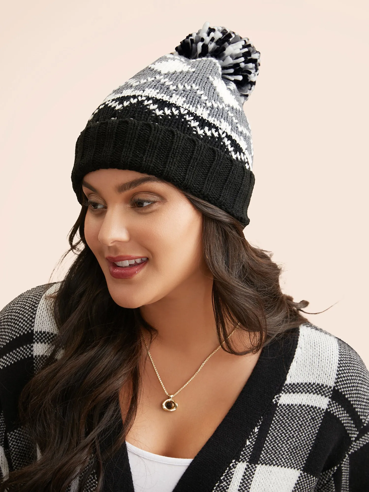 Geometric Jacquard Fluffy Ball Hat sold by Bloomchic product image thumbnail 2