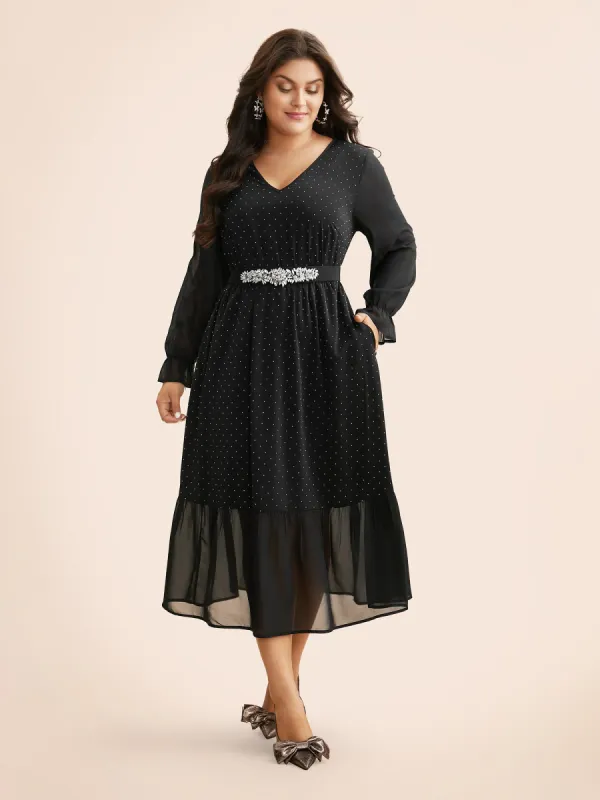 V Neck Rhinestone Patchwork Ruffles Dress sold by Bloomchic