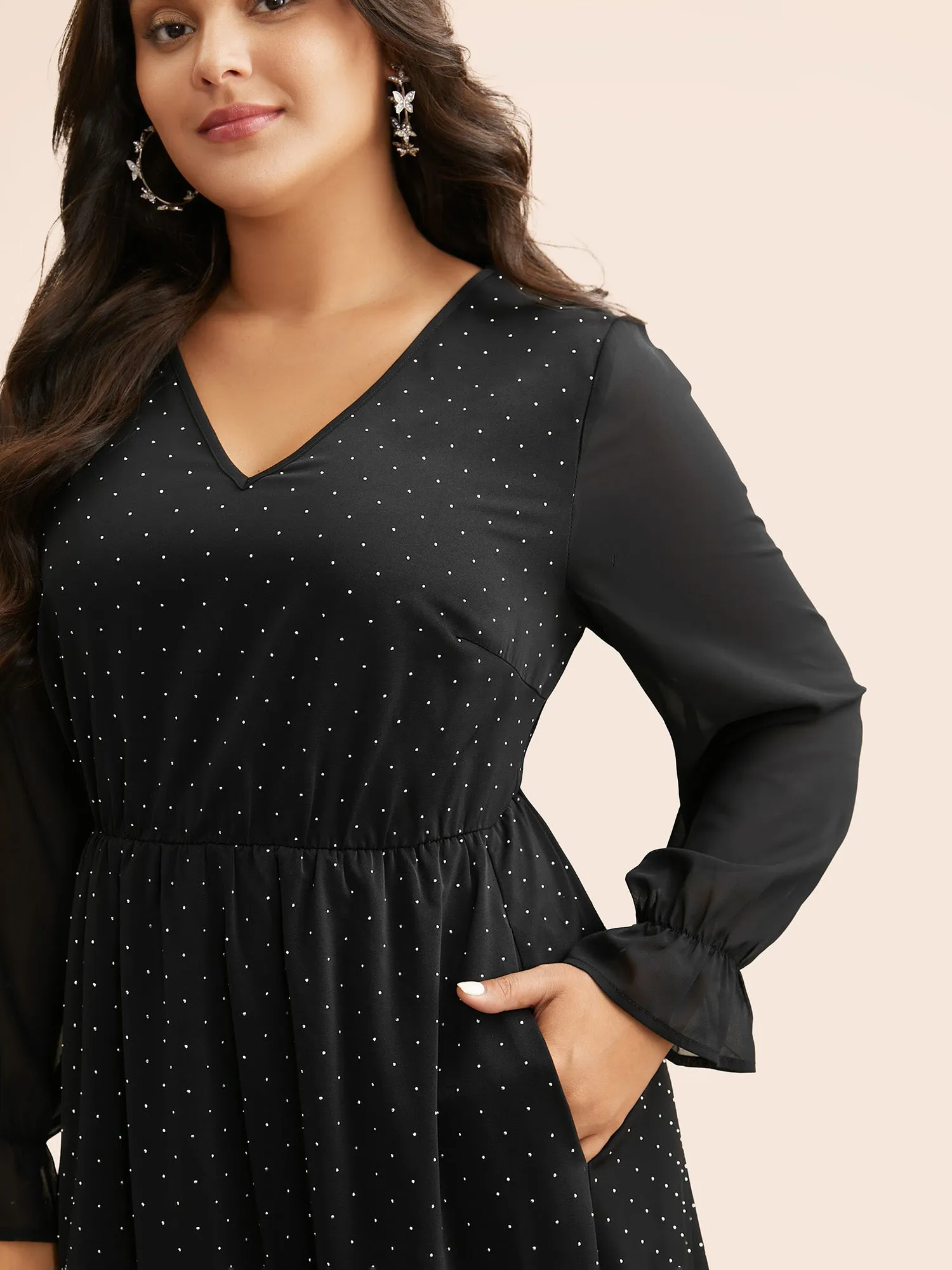 V Neck Rhinestone Patchwork Ruffles Dress sold by Bloomchic product image thumbnail 2