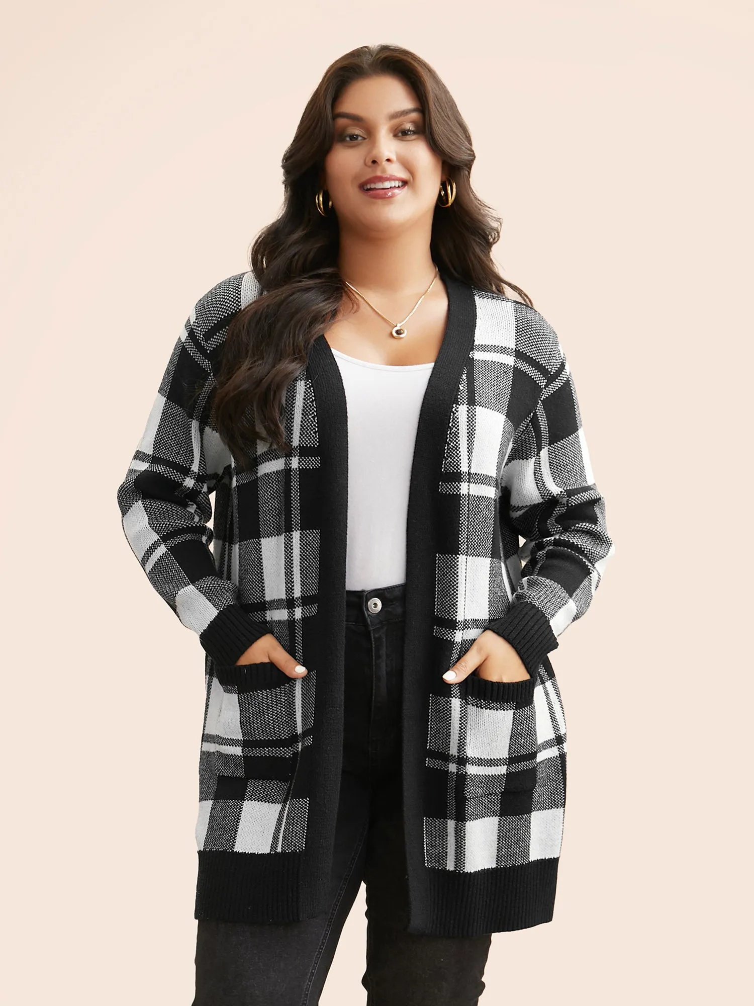 Kimono Collar Plaid Slit Hem Cardigan sold by Bloomchic