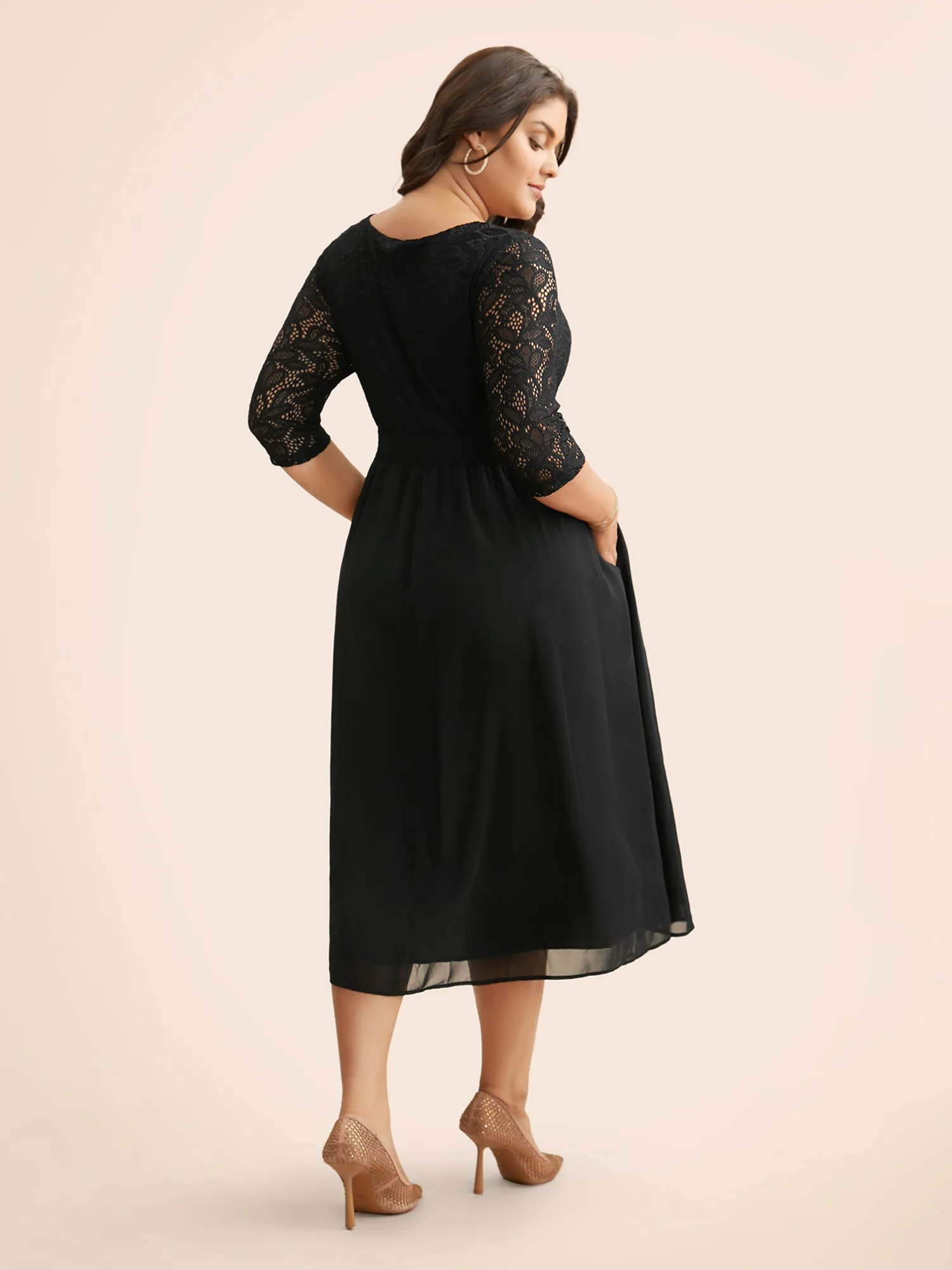 Lace Patchwork Shirred Midi Pocket Dress sold by Bloomchic product image thumbnail 4