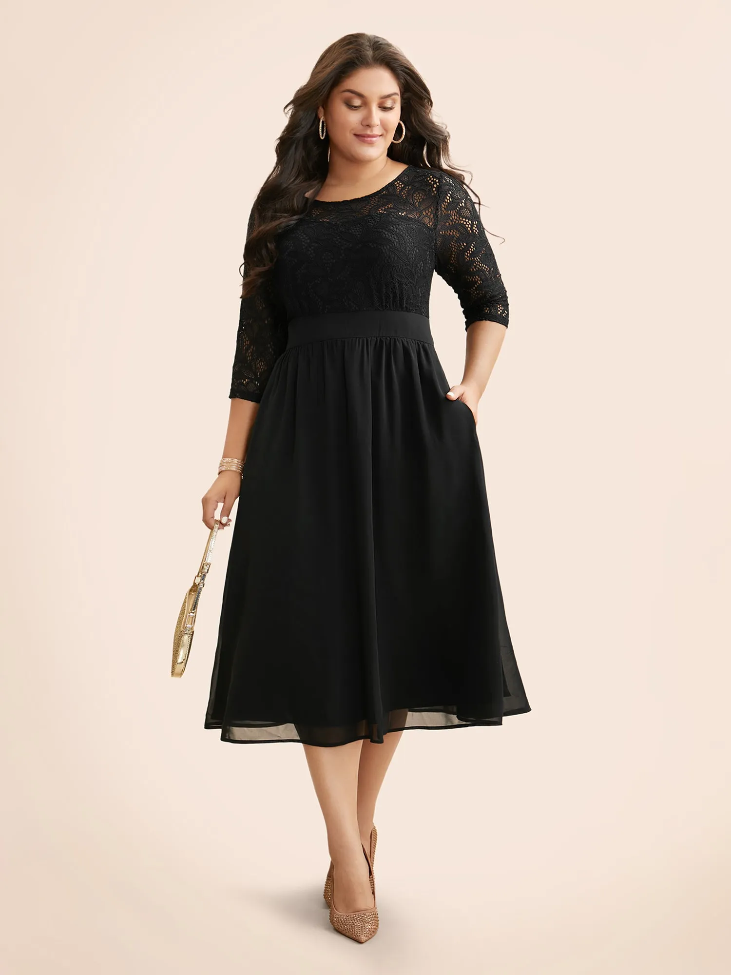 Lace Patchwork Shirred Midi Pocket Dress sold by Bloomchic